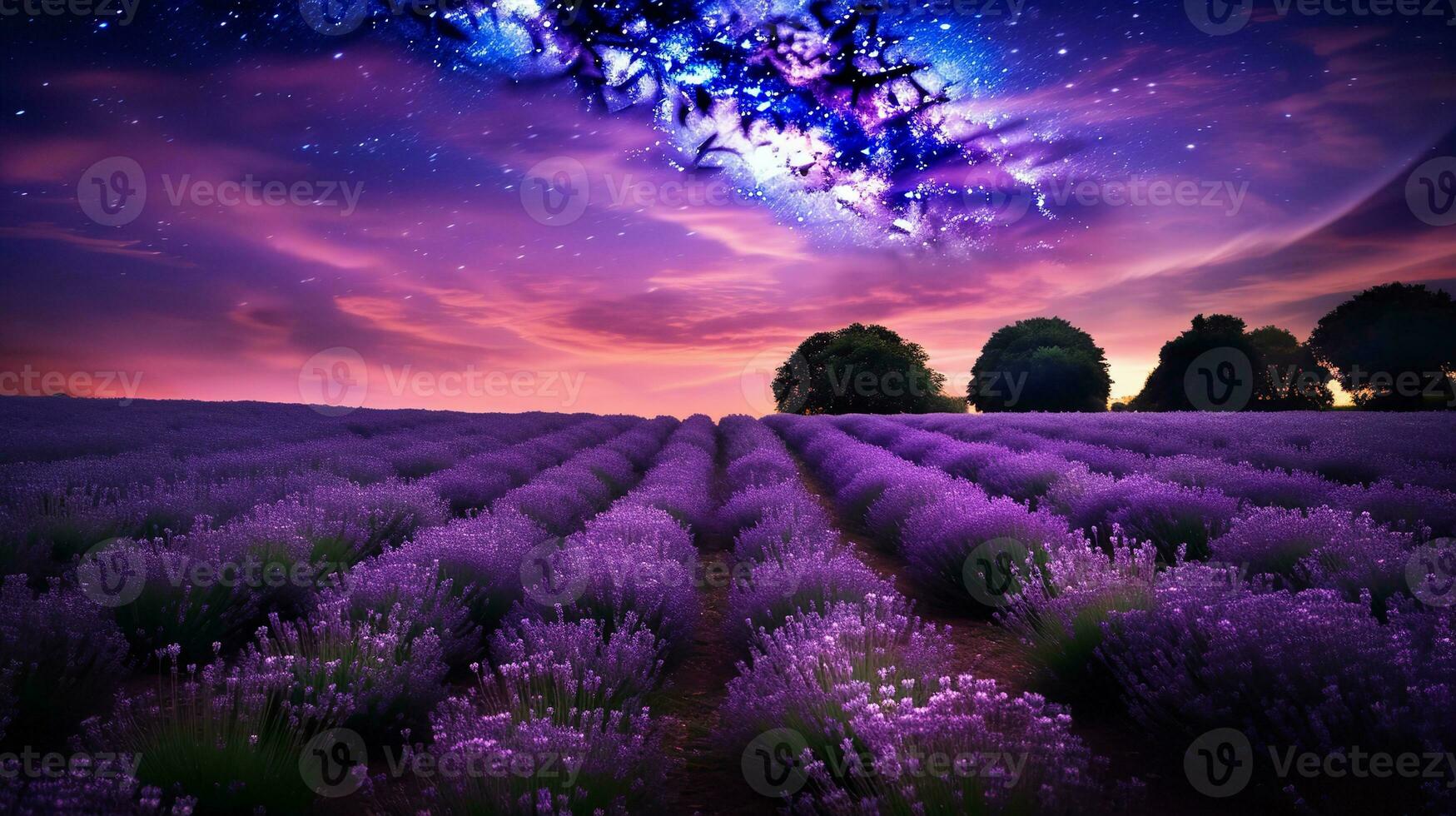 AI generated Moonlit Lavender Field and Starry Sky - AI Generated photo