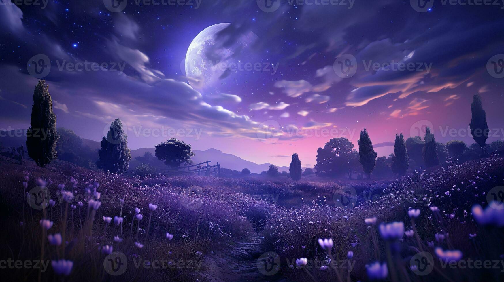 AI generated Moonlit Lavender Field and Starry Sky - AI Generated photo