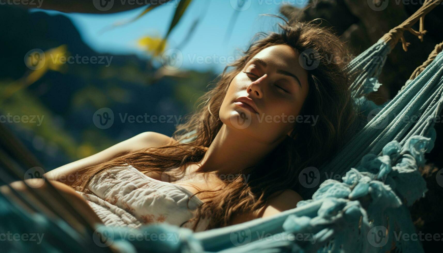 AI generated A beautiful young woman enjoying the summer in a hammock generated by AI photo