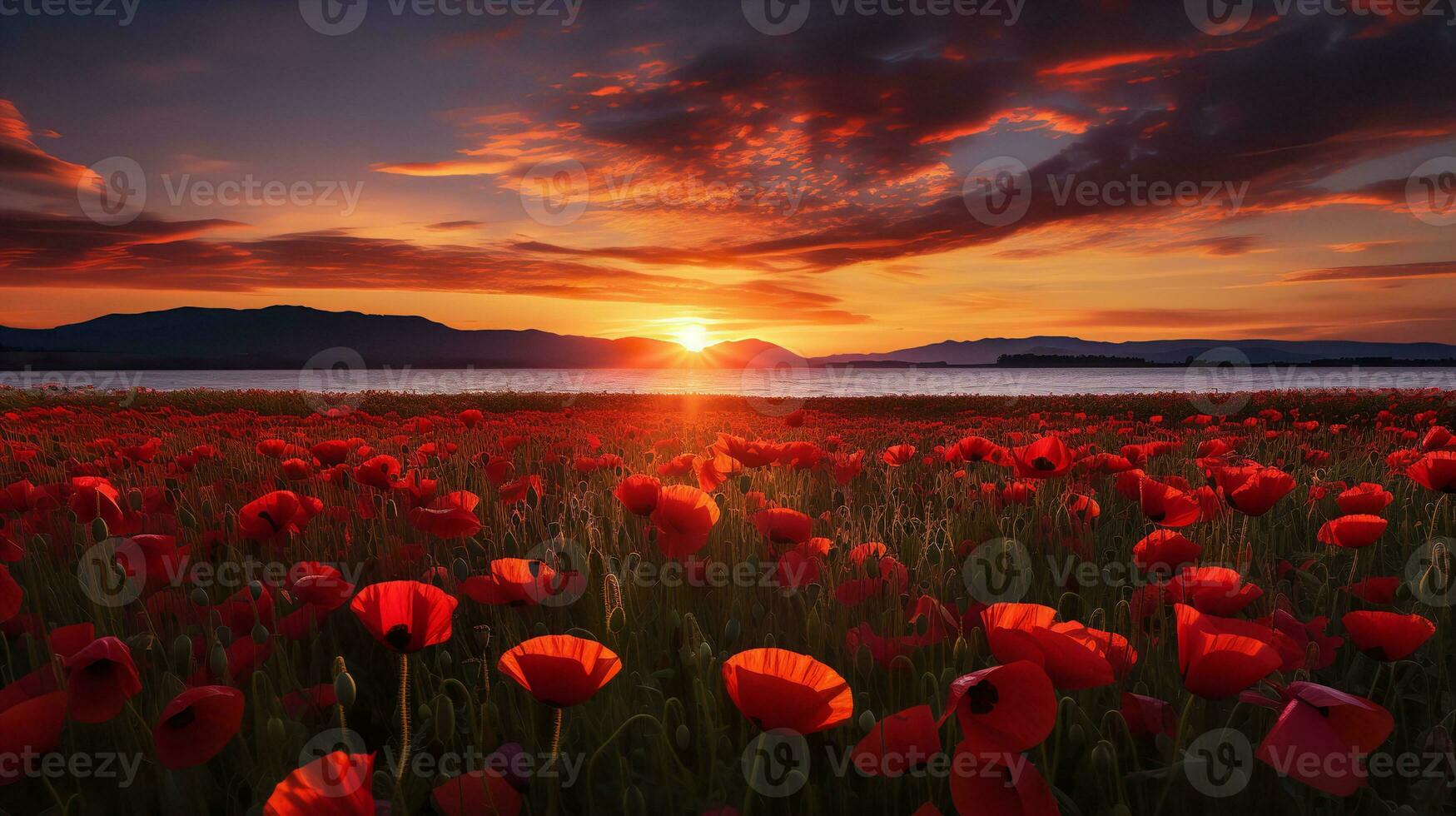 AI generated Oceanfront Poppy Field at Sunset - AI Generated photo