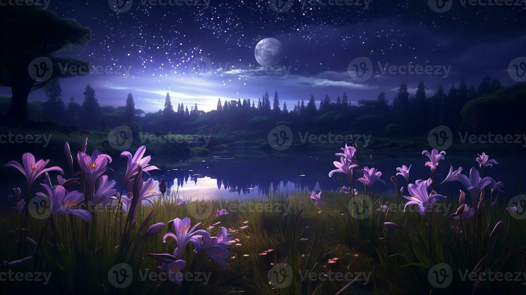 AI generated Moonlit Iris Field and Fireflies - AI Generated photo