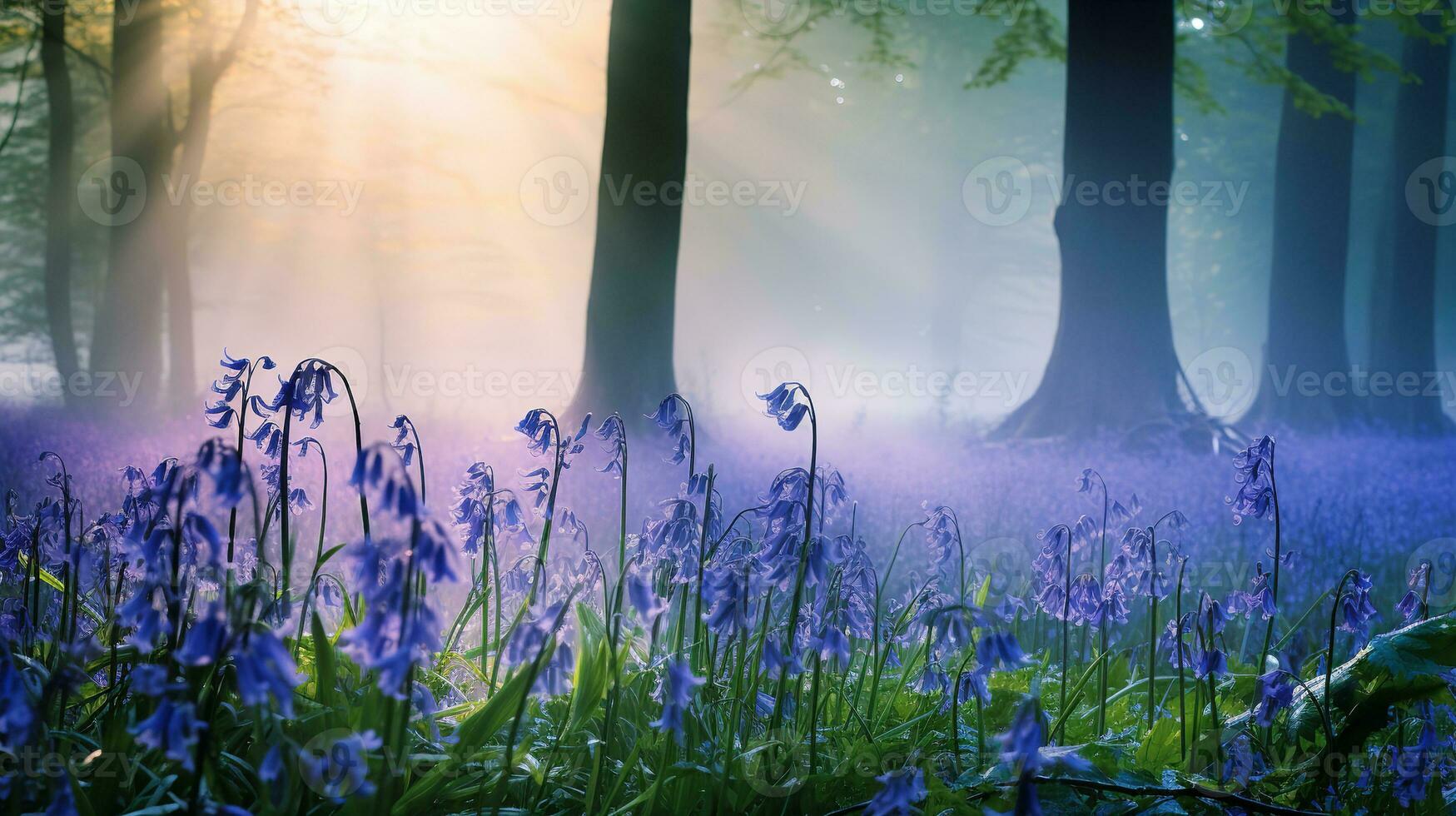 AI generated Misty Bluebell Wood at Dawn - AI Generated photo