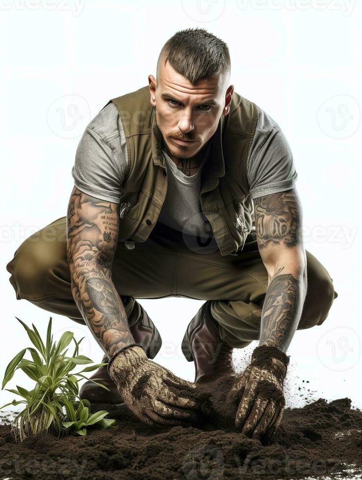 AI generated Male Gardener Tending Plants, AI Generated photo