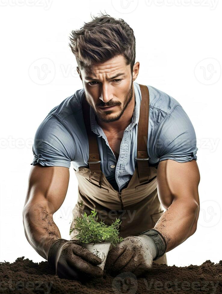 AI generated Male Gardener Tending Plants, AI Generated photo