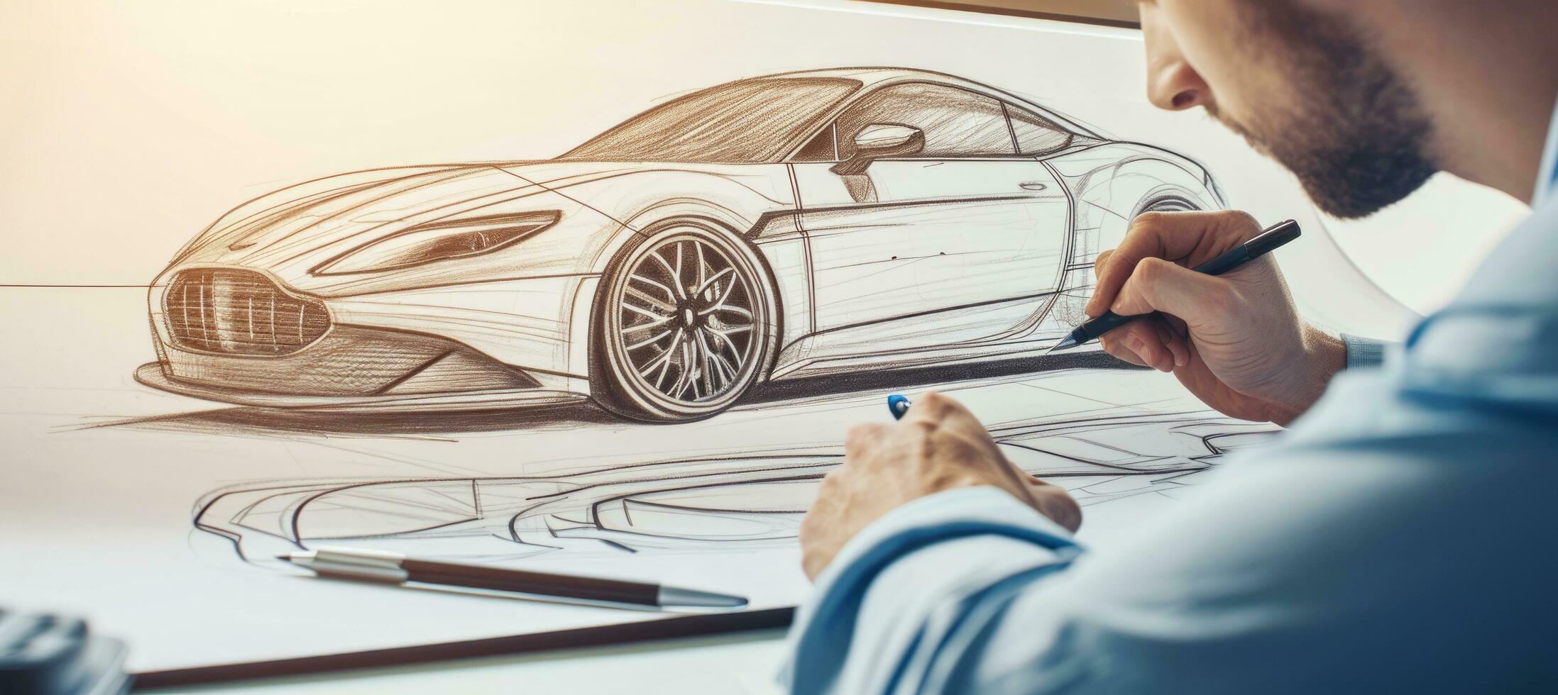 AI generated man is drawing a car in front of a mirror photo