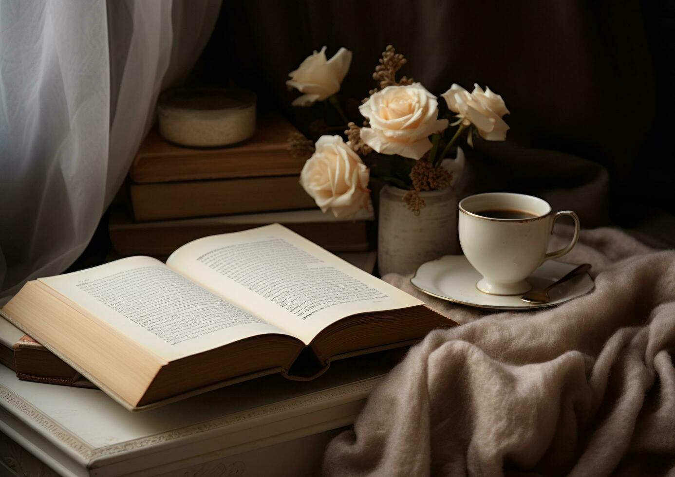AI generated the power of a cup of tea and an open book photo