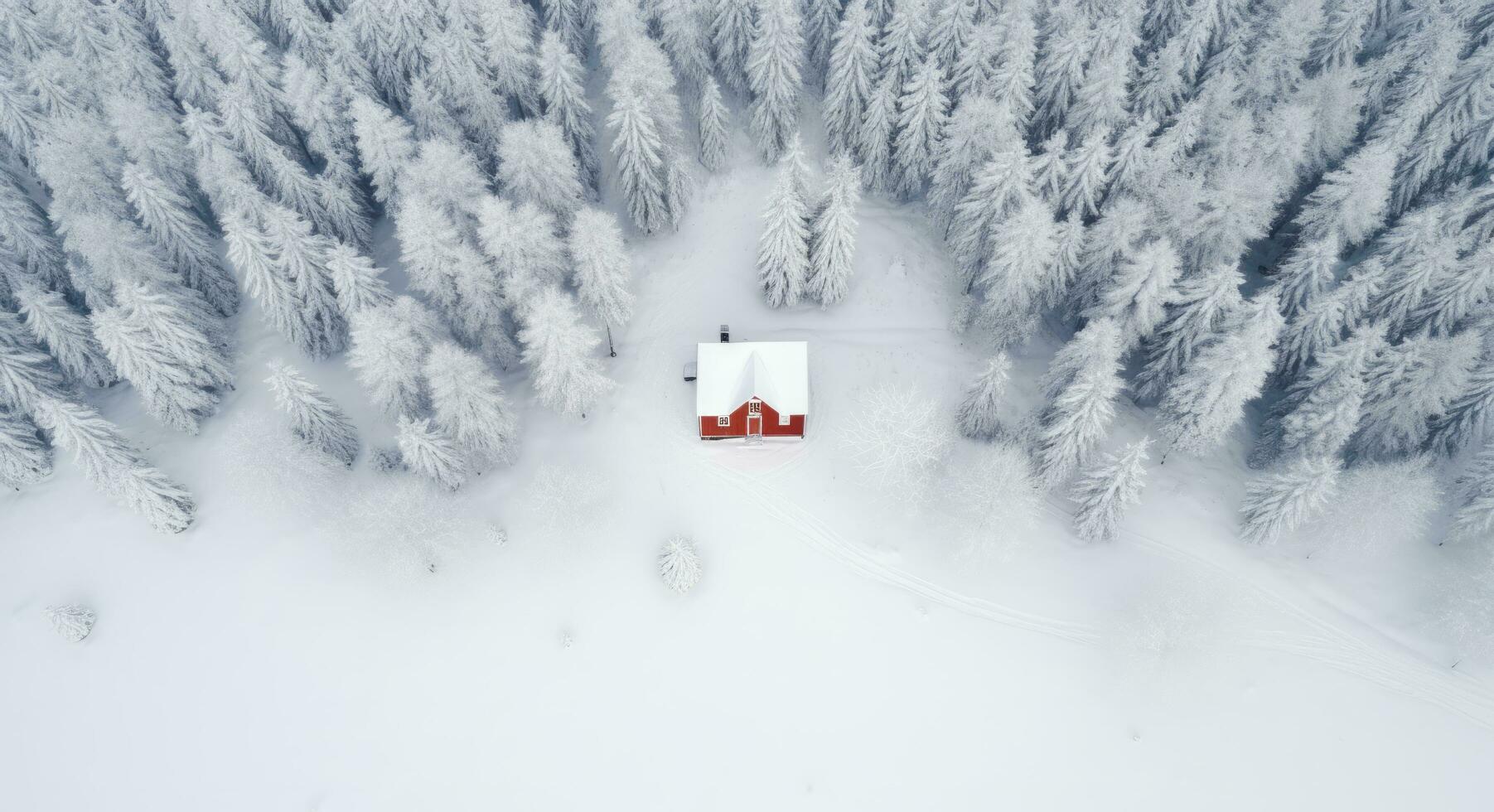 AI generated aerial shot of a small house in a winter forest with snow photo