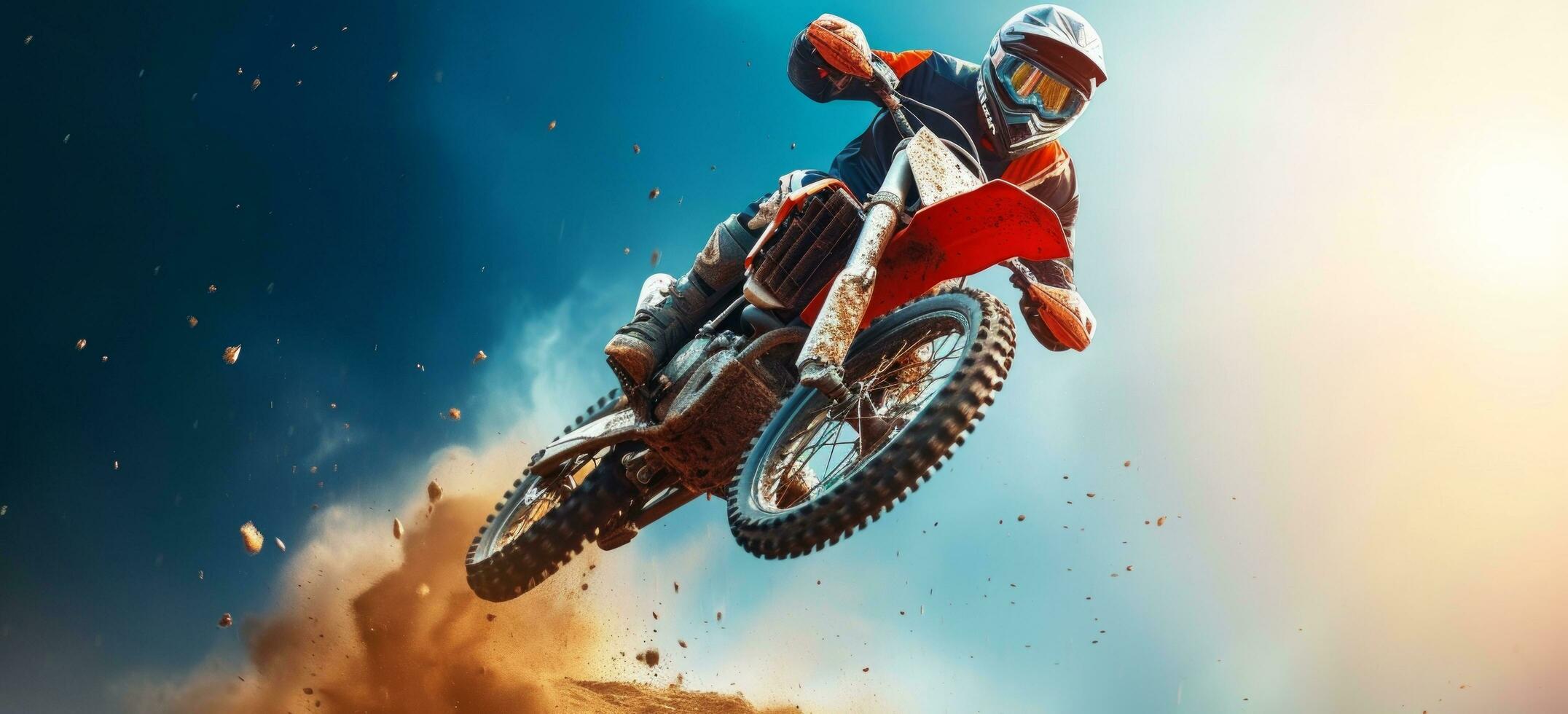 AI generated motocross biker is riding his dirt bike in the air, photo