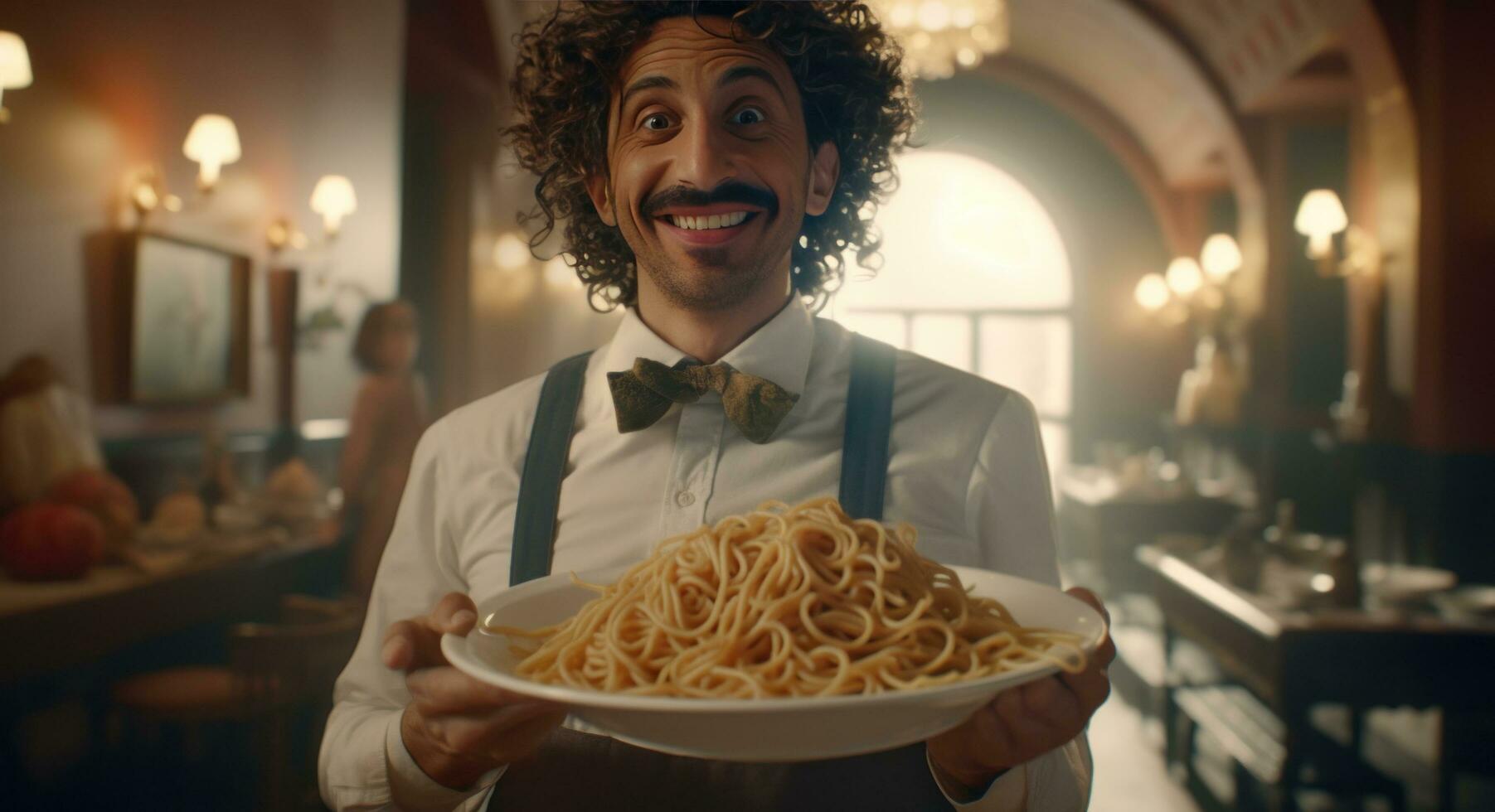 AI generated italian chef holding pasta in an elegant restaurant photo