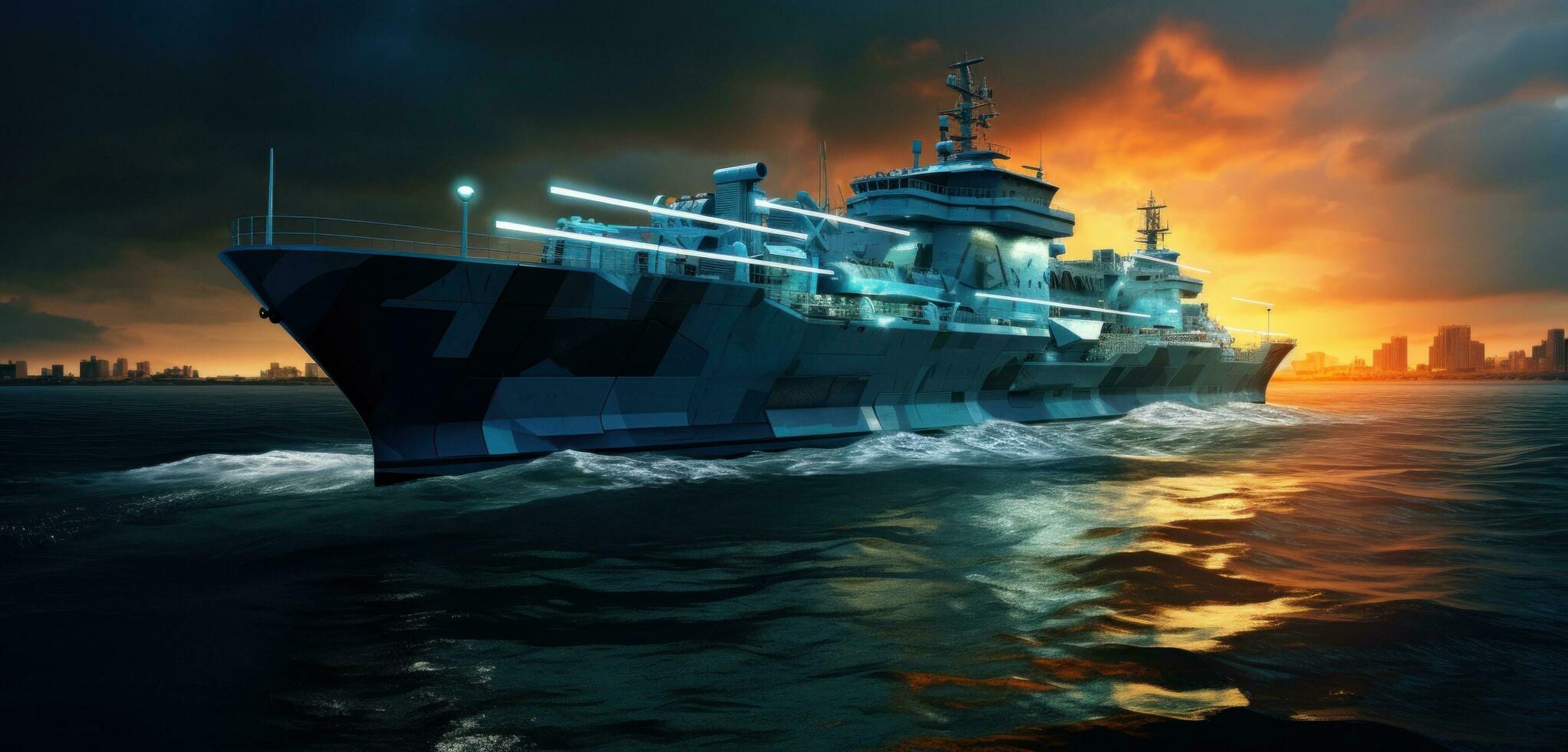 AI generated navy ship in the ocean on a sunset photo