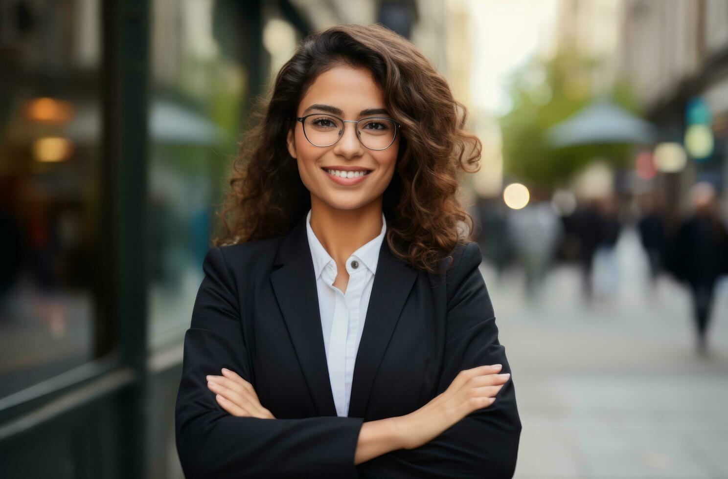 AI generated business woman in black attire smiles with her arms crossed photo