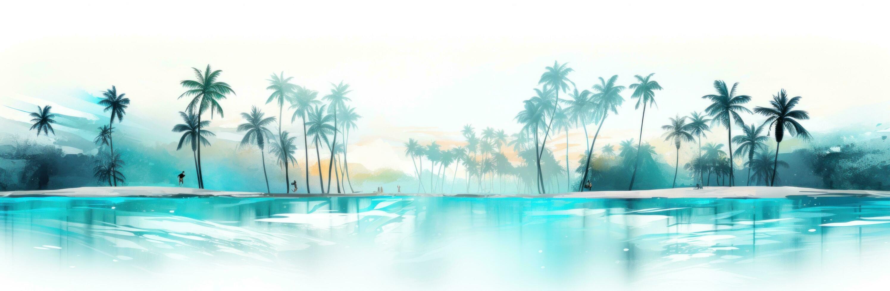 AI generated palm trees on a beach near a blue body of water photo