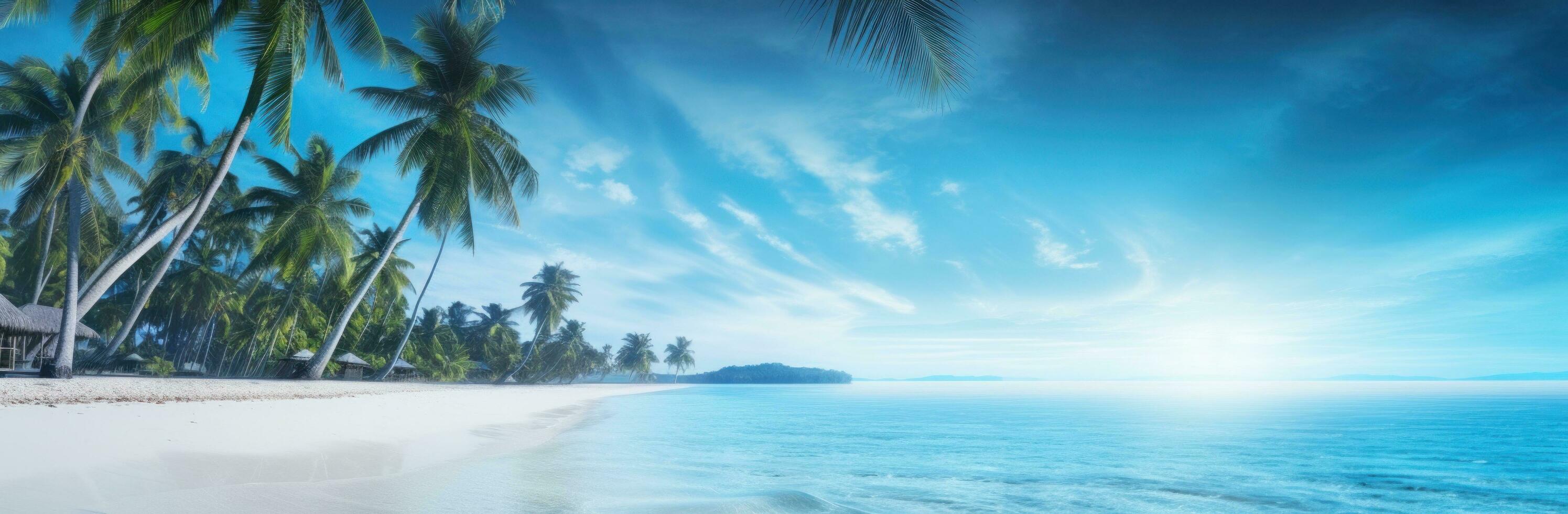 AI generated palm trees on a beach near a blue body of water photo