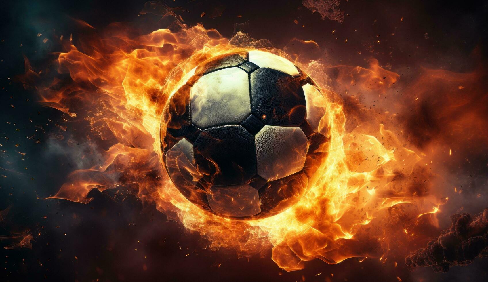 AI generated soccer ball in flames on dark background photo