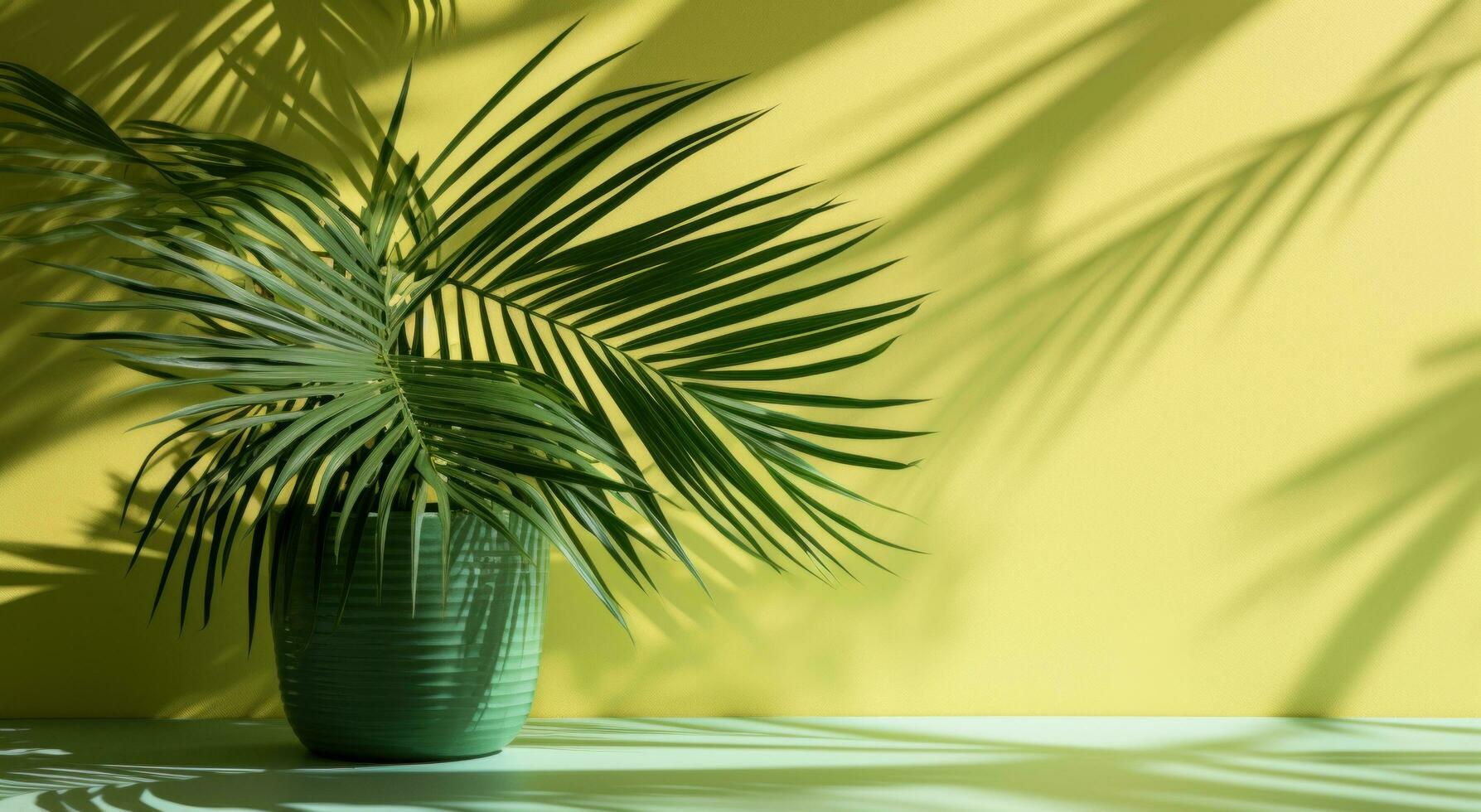 AI generated shadow of palm leaves on a green wall photo