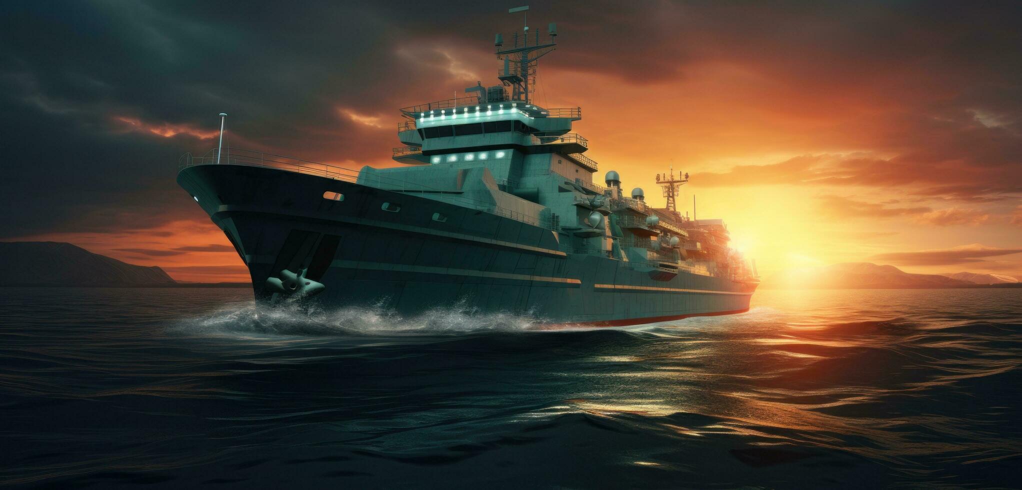 AI generated navy ship in the ocean on a sunset photo