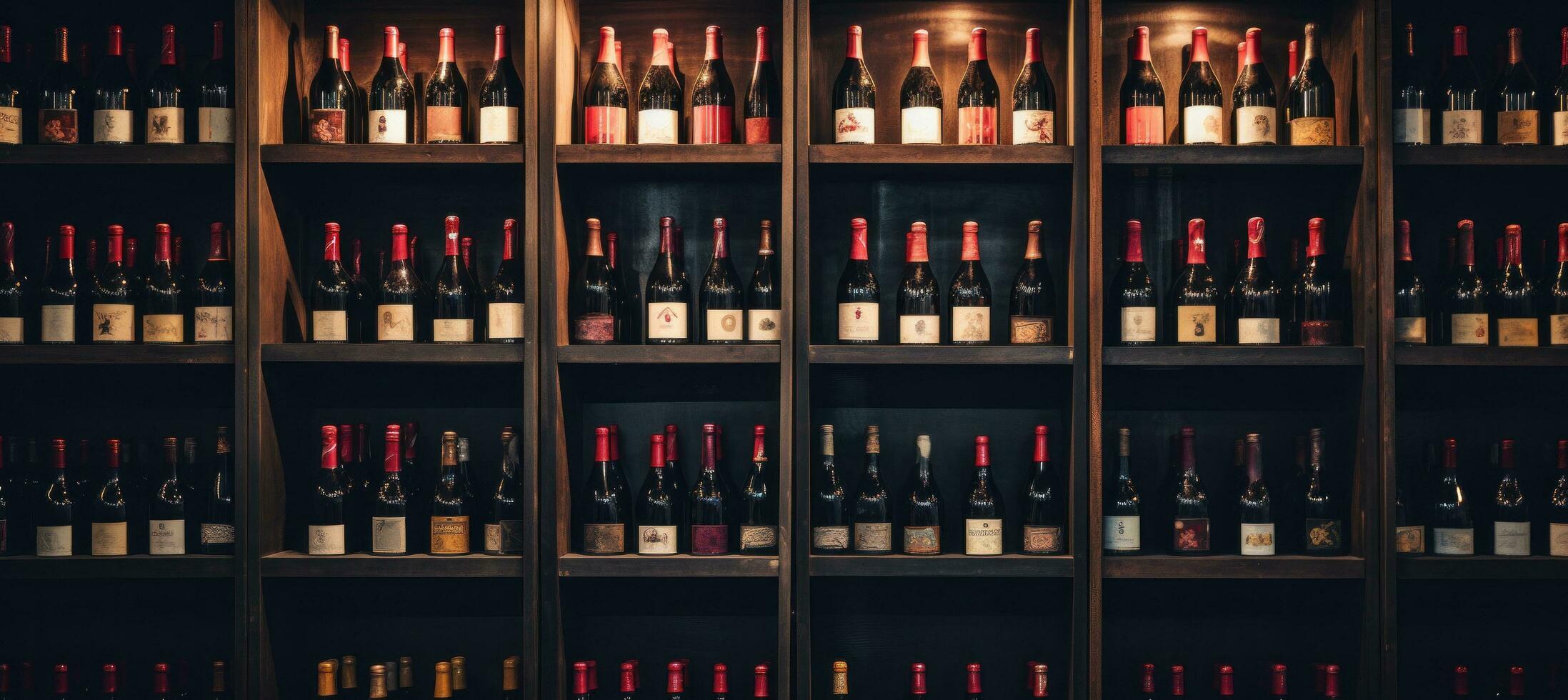 ai generado filas de vino botellas en bastidores en un cava foto