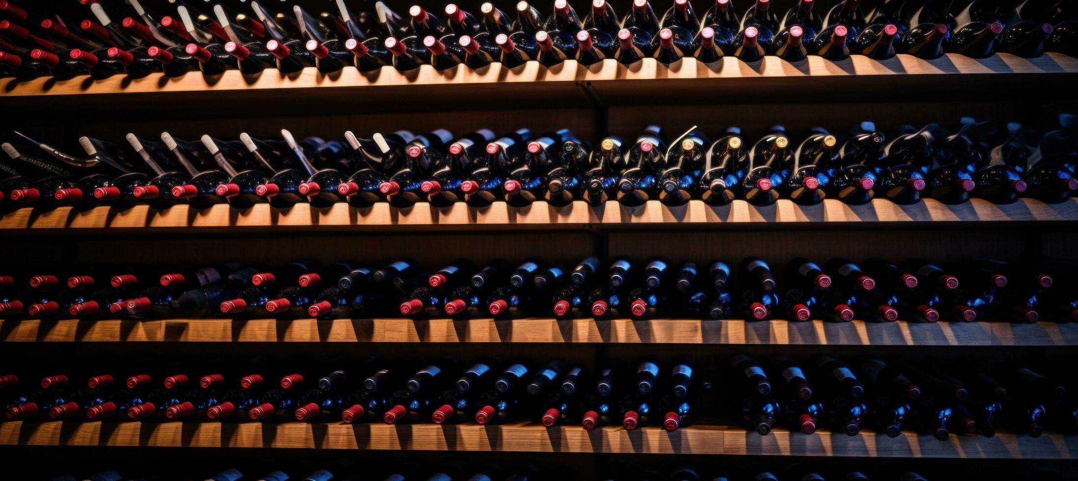 AI generated rows of wine bottles on racks in a cellar photo