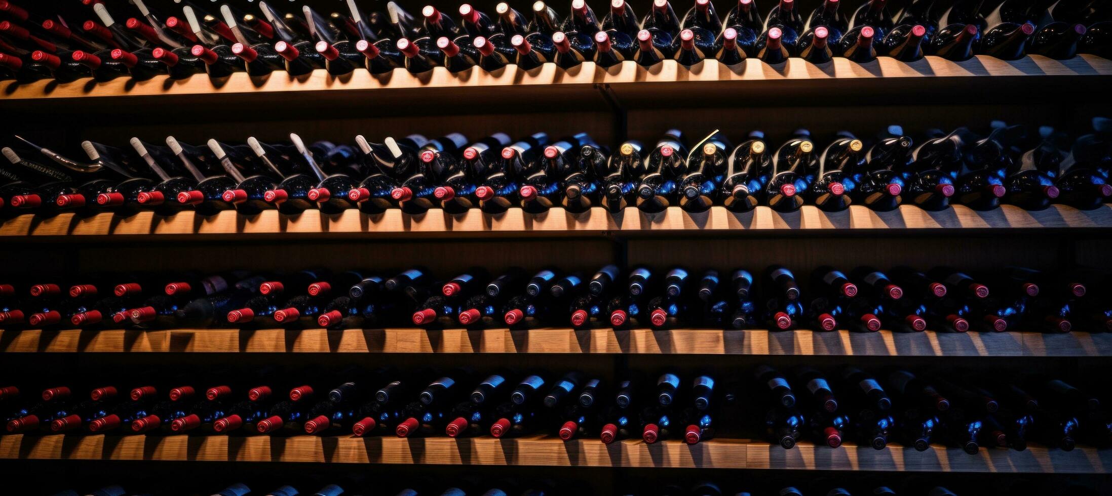 ai generado filas de vino botellas en bastidores en un cava foto