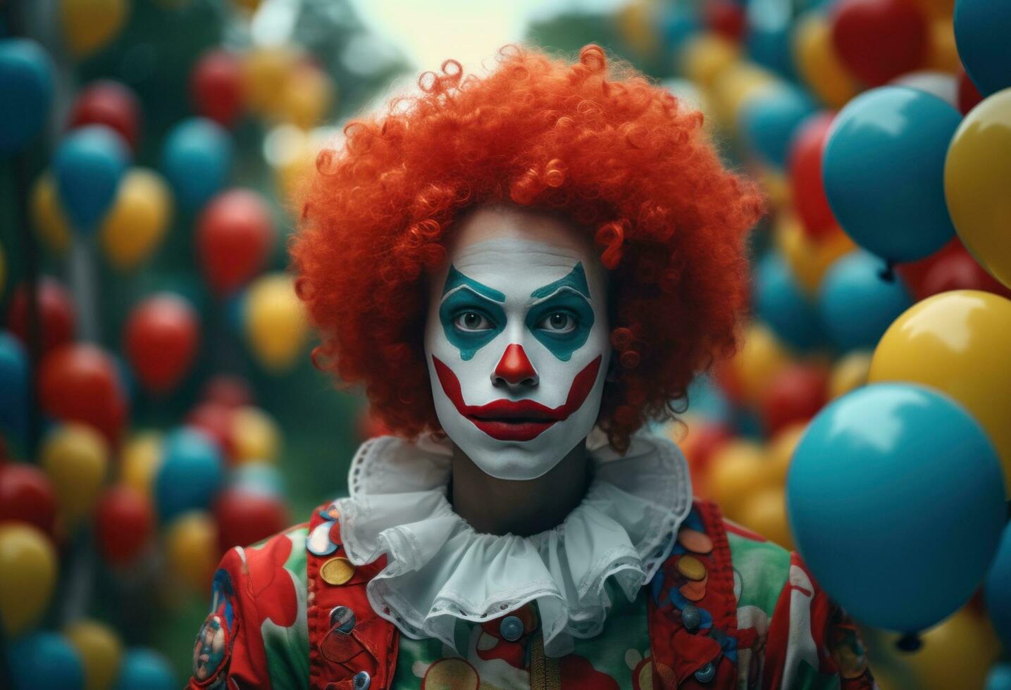 AI generated young clown in the clown outfit poses with balloons photo