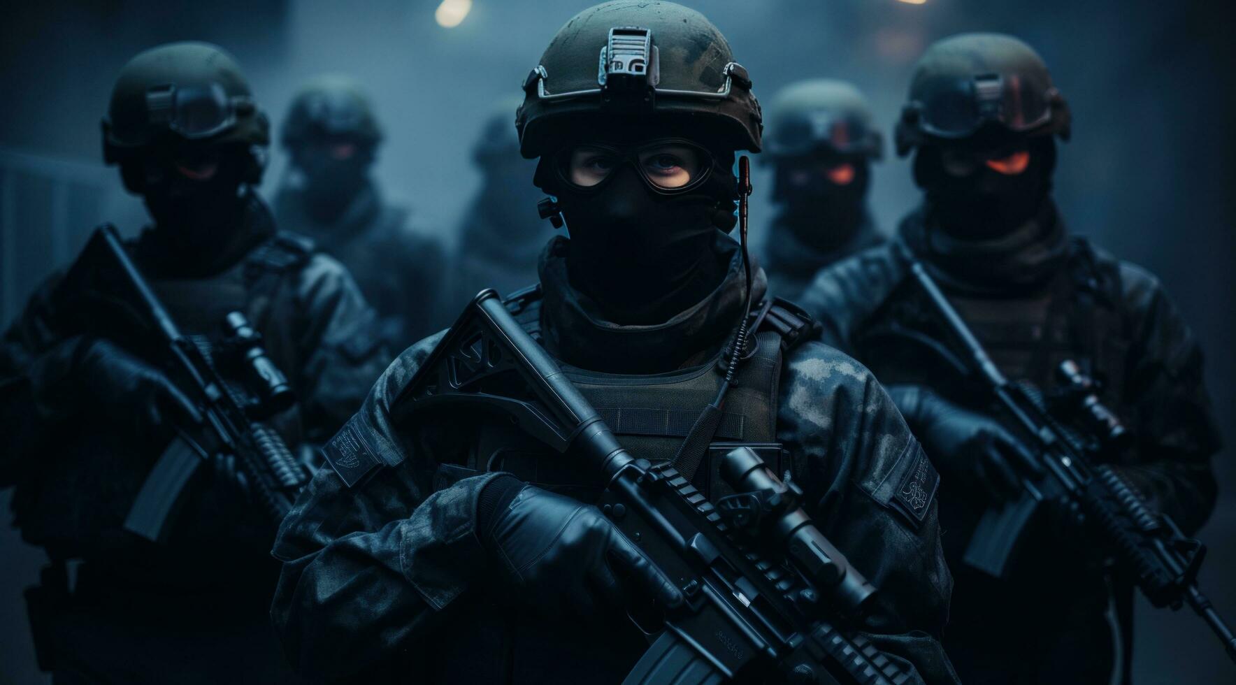 AI generated soldiers wearing masks and firearms in the dark photo