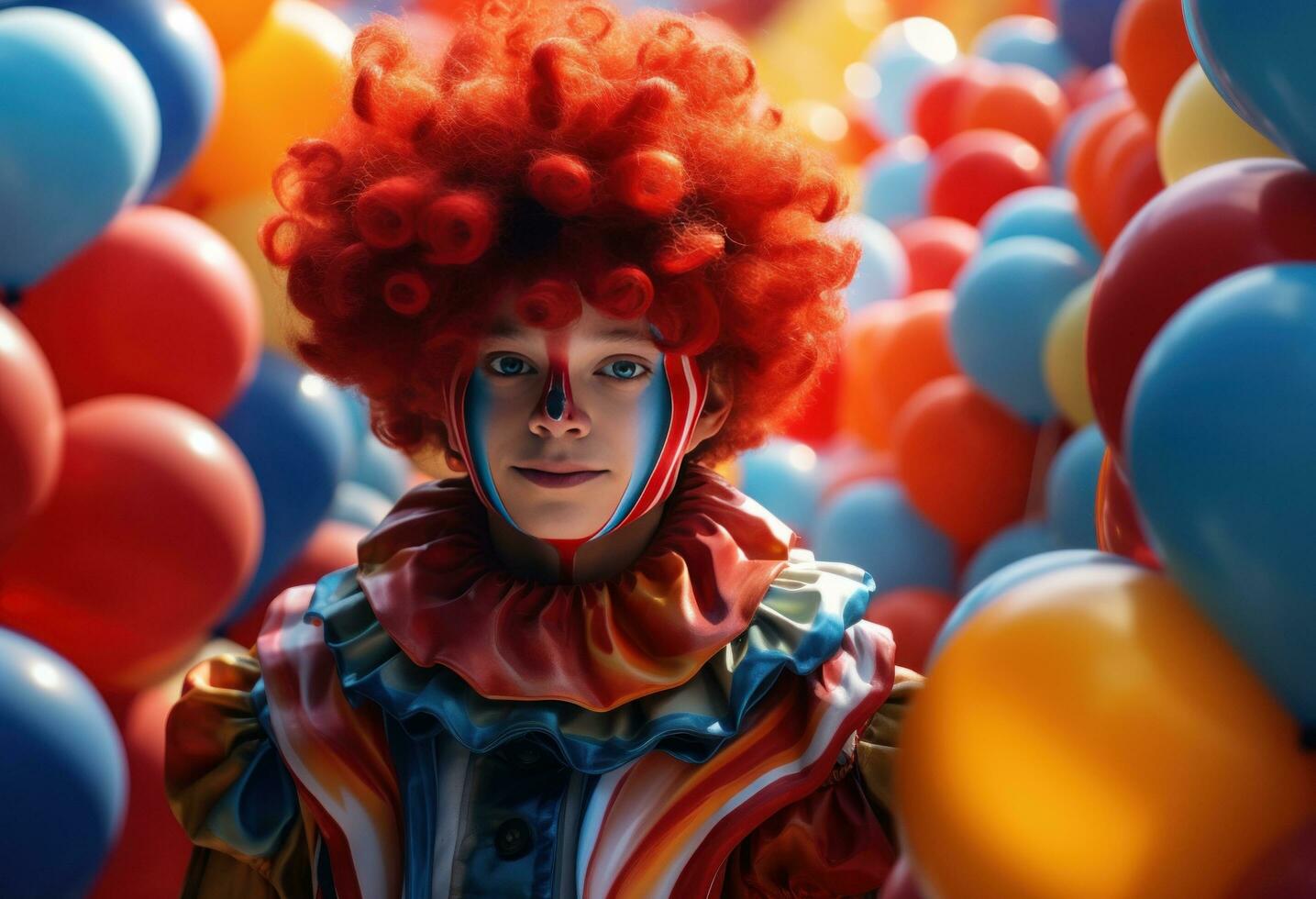 AI generated young clown in the clown outfit poses with balloons photo