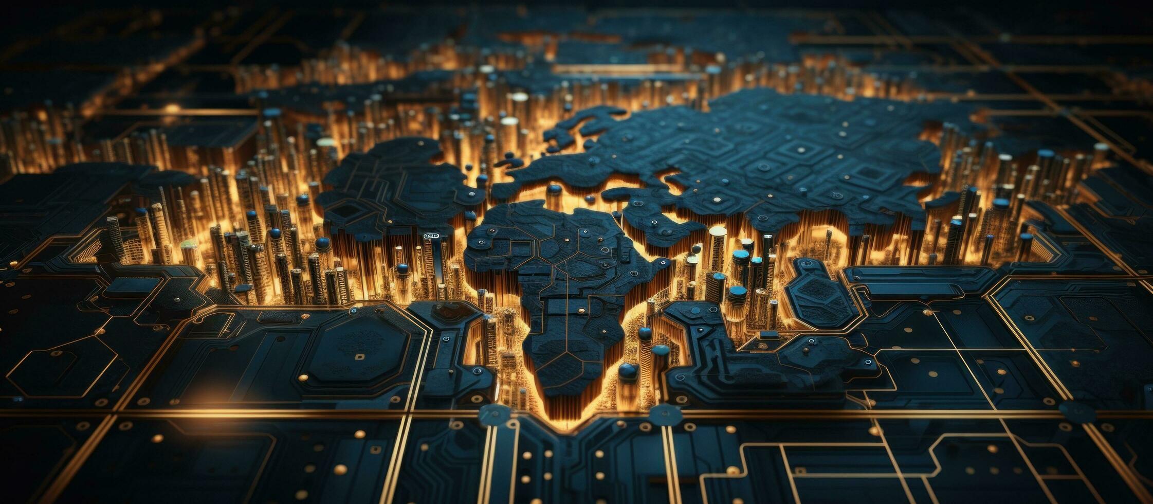 AI generated world map in an image of gold digital circuits and circuits on earth photo