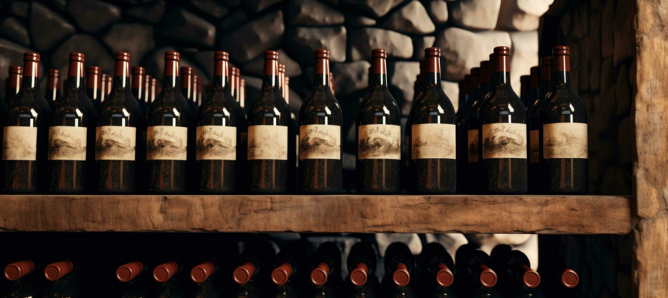 AI generated vintage red wine bottles in a rack photo