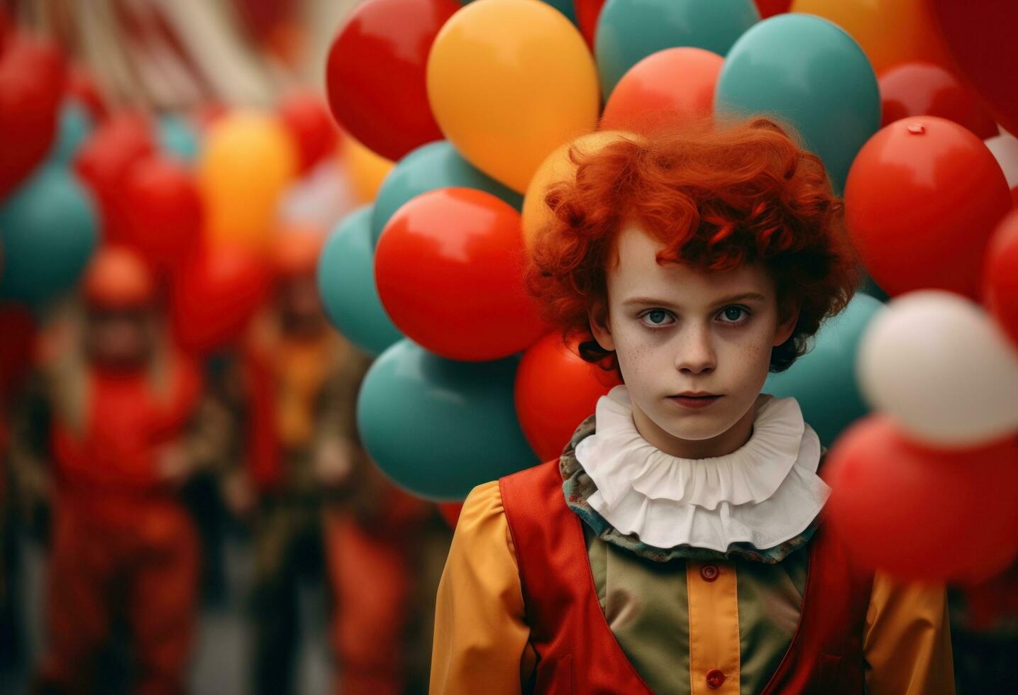 AI generated young clown in the clown outfit poses with balloons photo