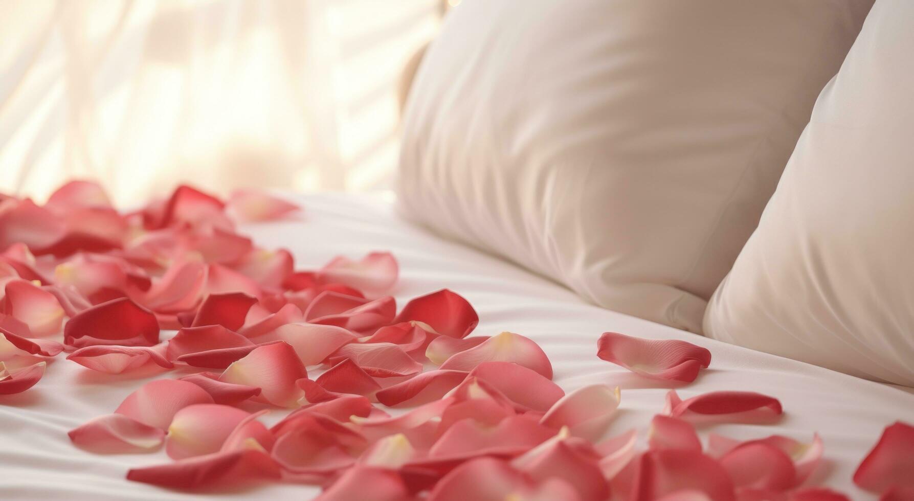 AI generated the image is of white rose petals and white silk floral pattern on top of a hotel bed photo