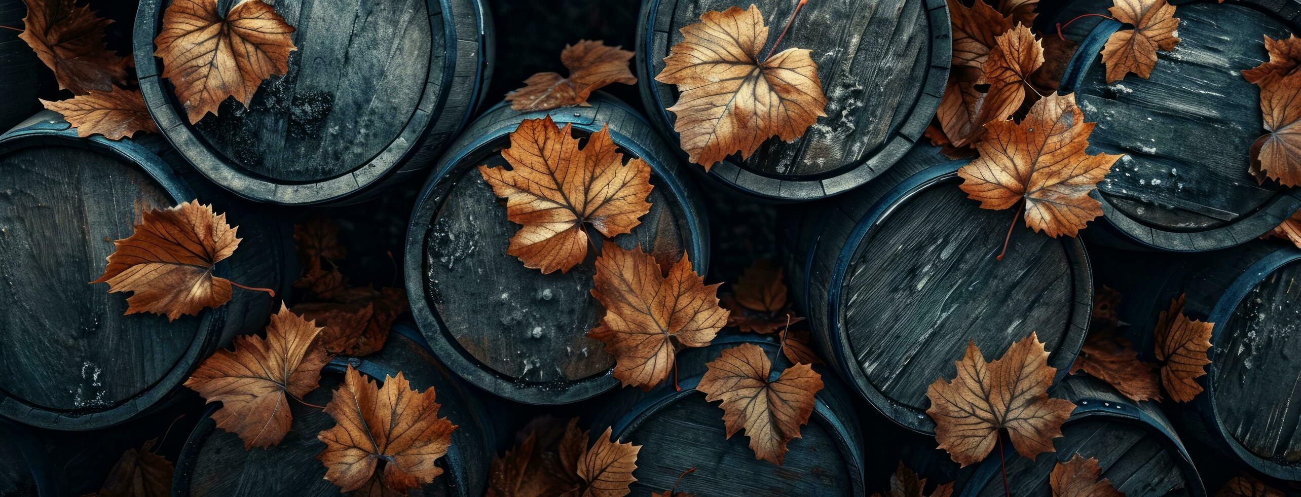 AI generated dark barrels with golden leaves, tequila and red wine photo