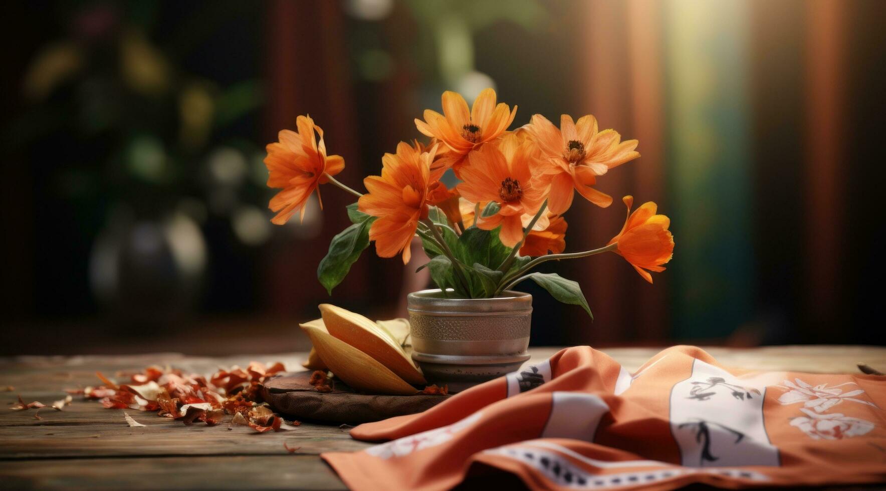 AI generated the flag of india on a table with flowers around it photo