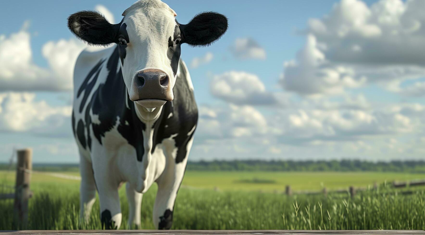 AI generated an isolated cow standing in front of a wooden table with grass and farmland photo