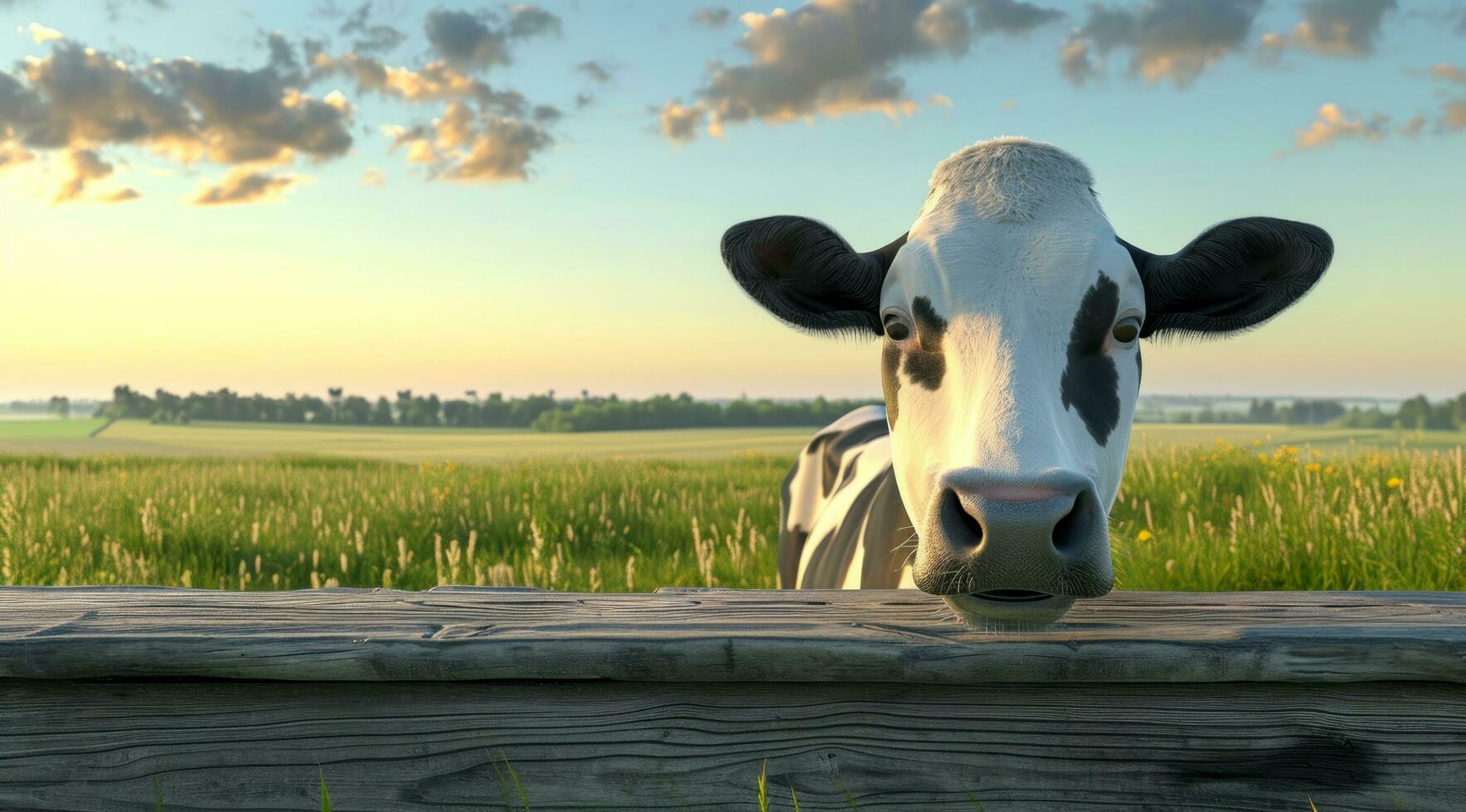 AI generated an isolated cow standing in front of a wooden table with grass and farmland photo