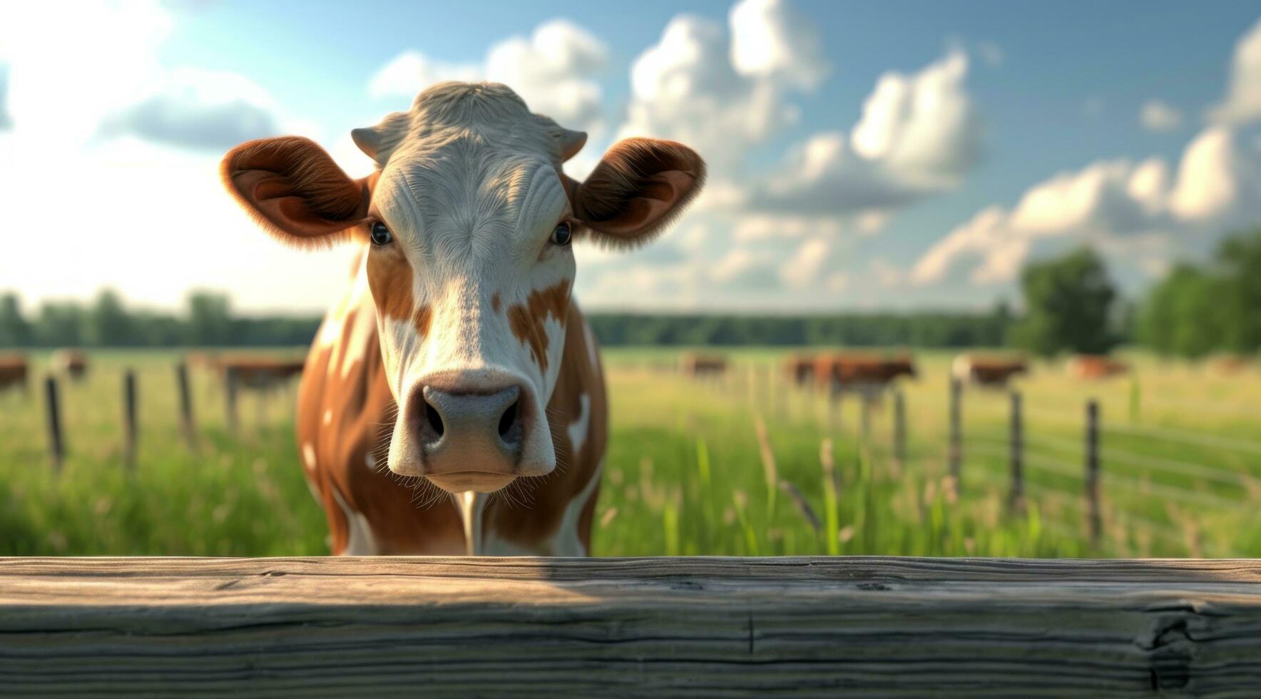 AI generated cow standing on wooden table near a farm with herds of cows photo