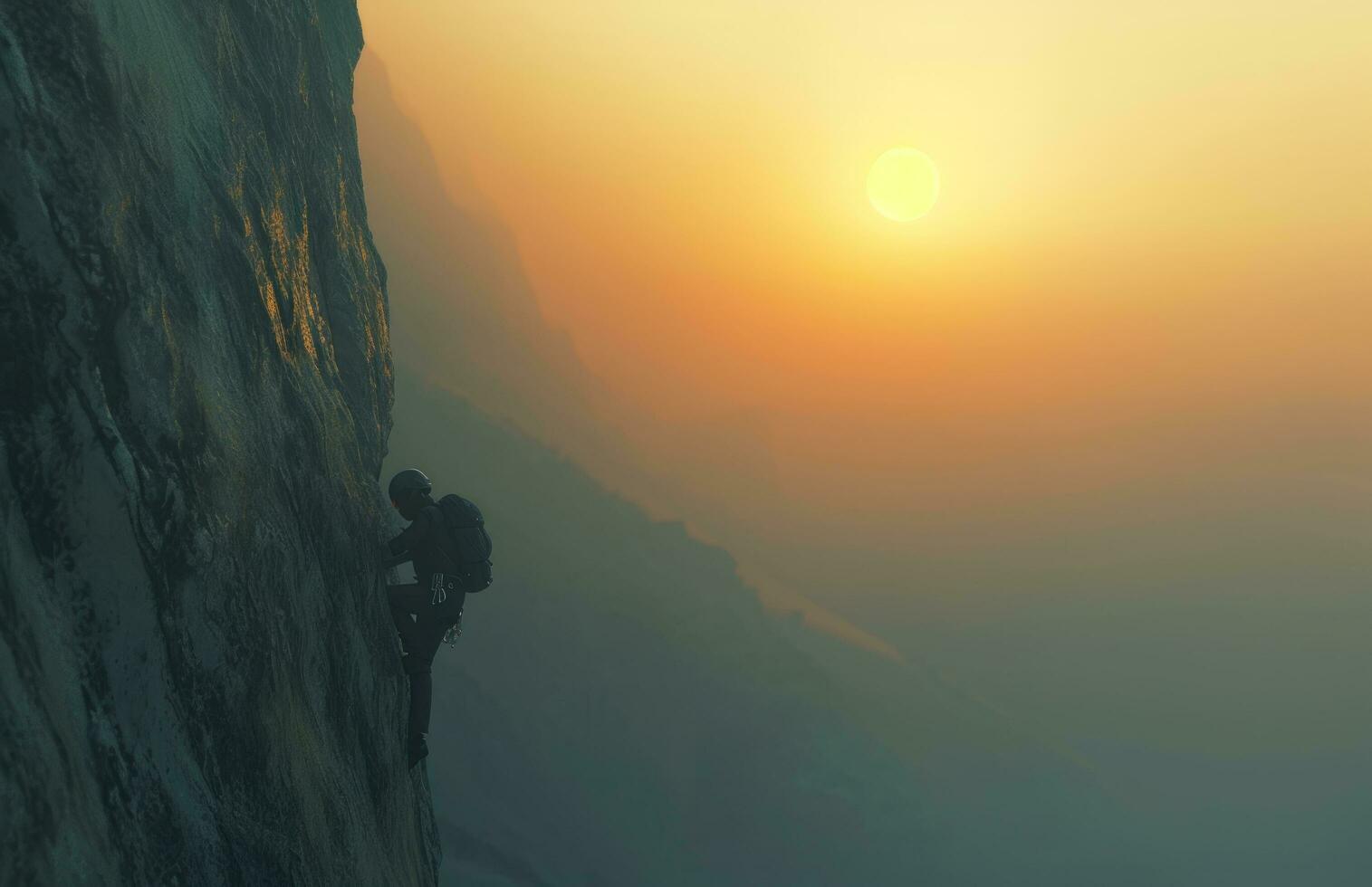 AI generated an individual climbs up a cliff in a hazy sunrise photo