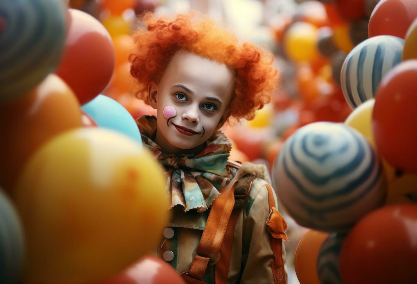 AI generated young clown in the clown outfit poses with balloons photo