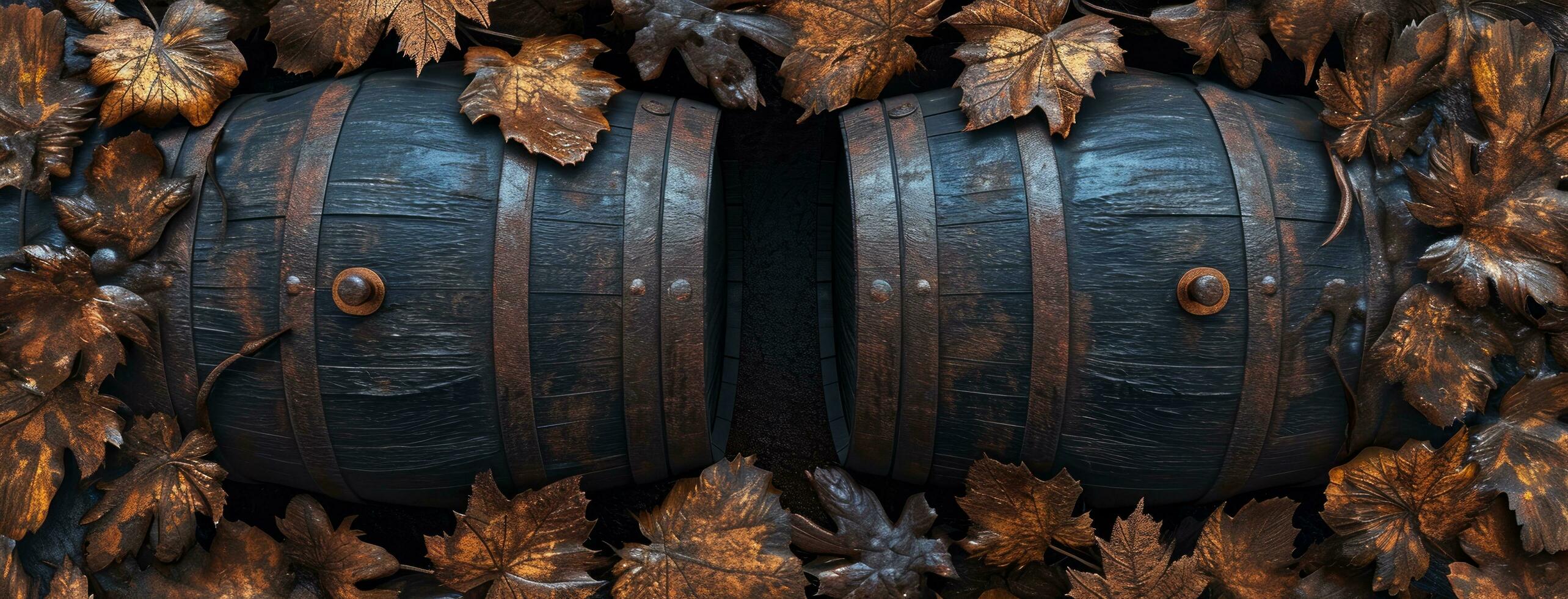 AI generated dark barrels with golden leaves, tequila and red wine photo