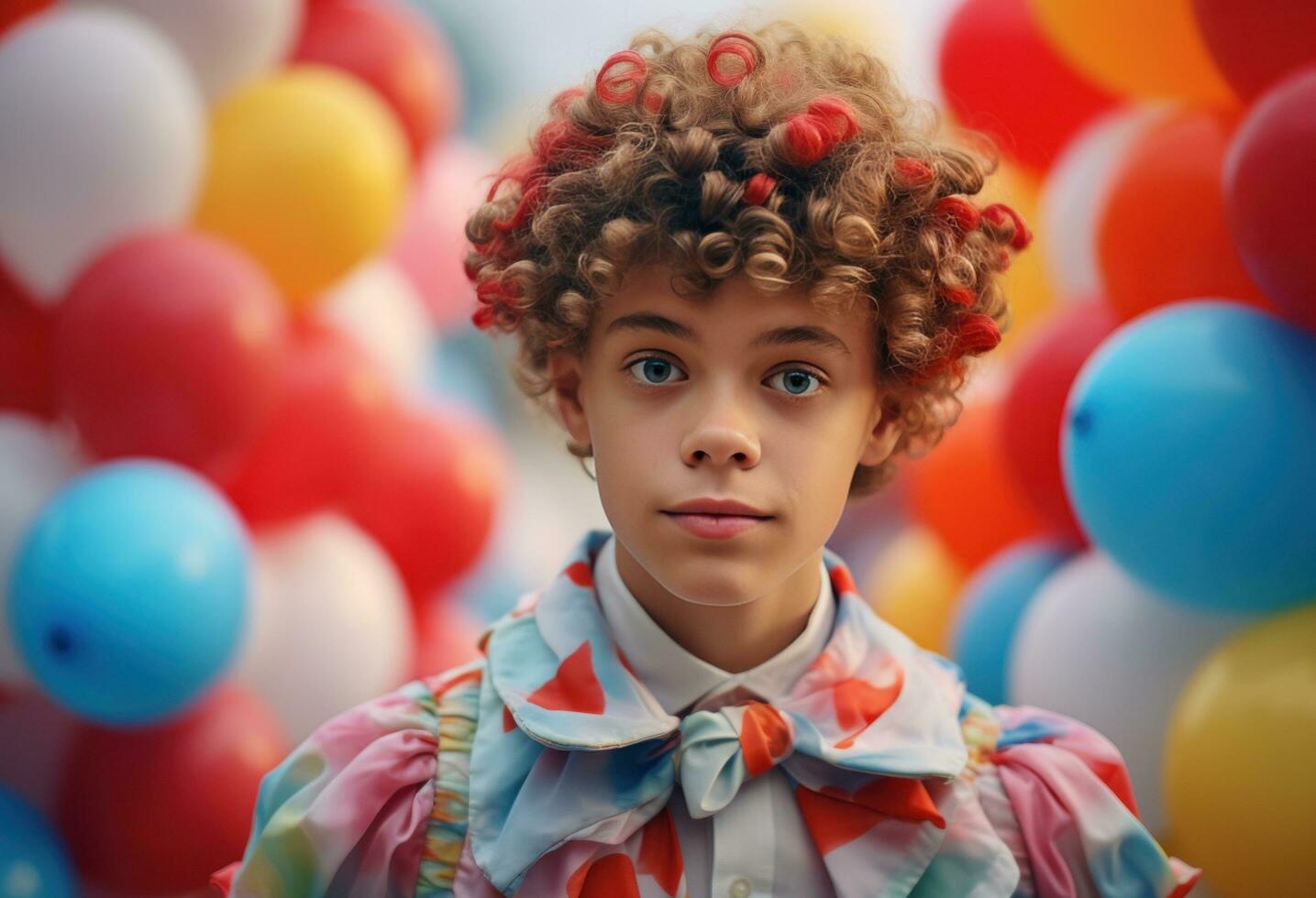 AI generated young clown in the clown outfit poses with balloons photo