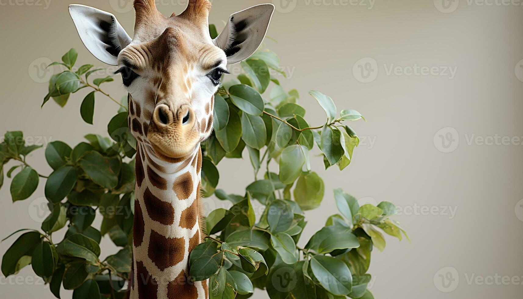 AI generated Giraffe, nature cute spotted mammal, looking at camera outdoors generated by AI photo