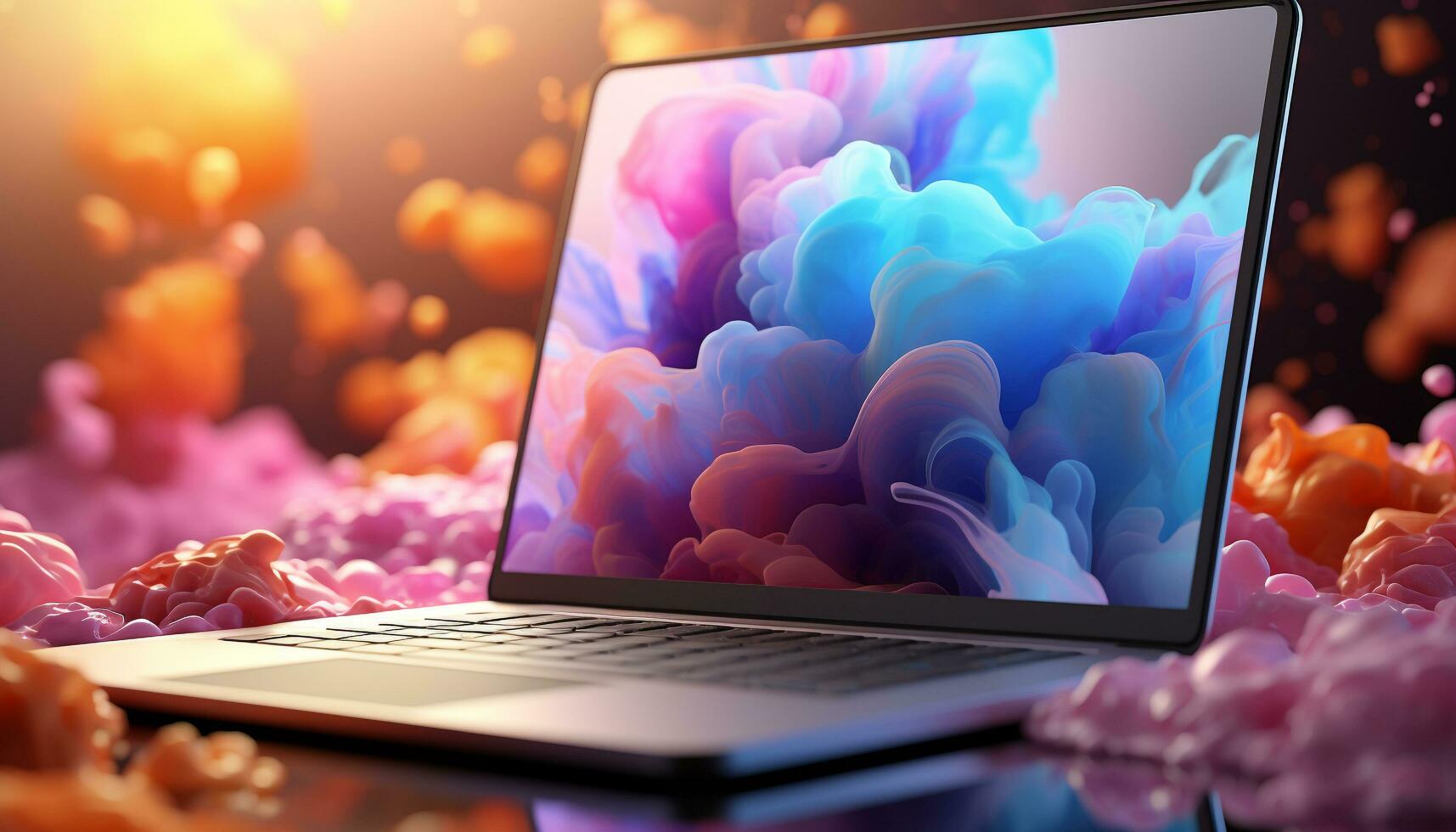 AI generated Modern laptop on wooden table, typing in the glowing night generated by AI photo