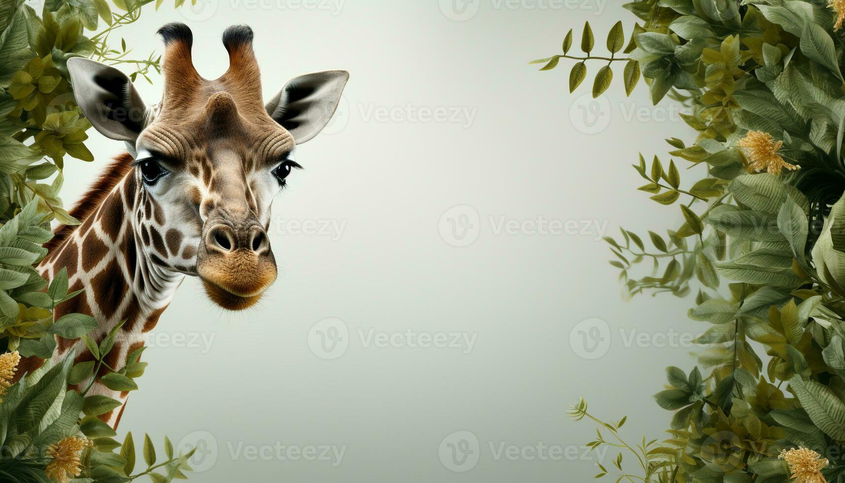 ai generado jirafa en pie en prado, mirando lindo, rodeado por naturaleza generado por ai foto