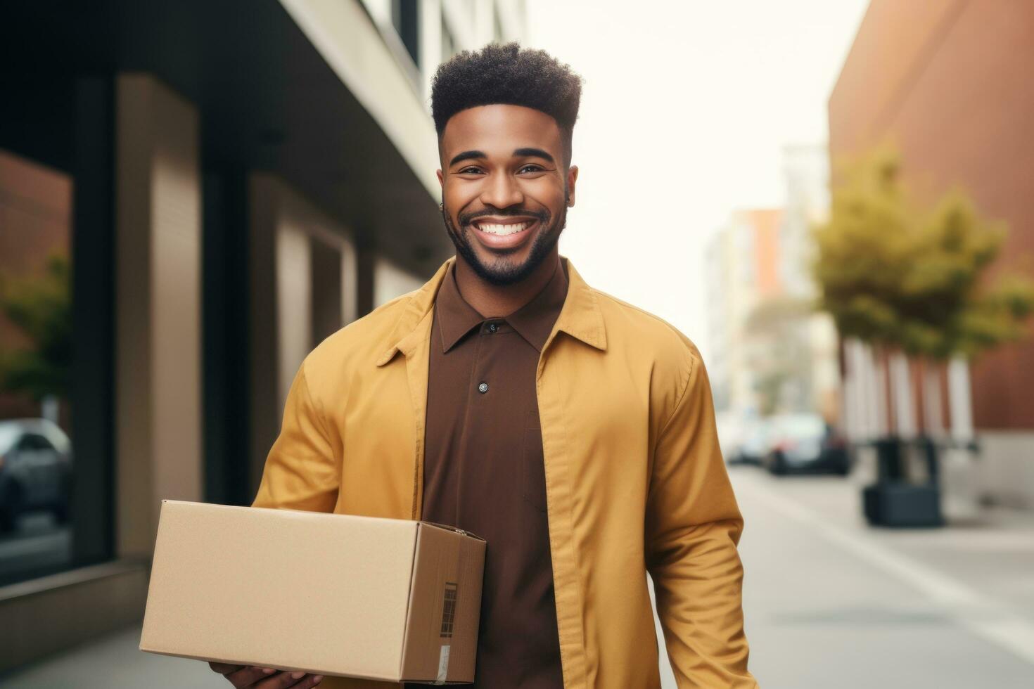 ai generado un negro hombre participación un paquete y sonriente mientras caminando foto