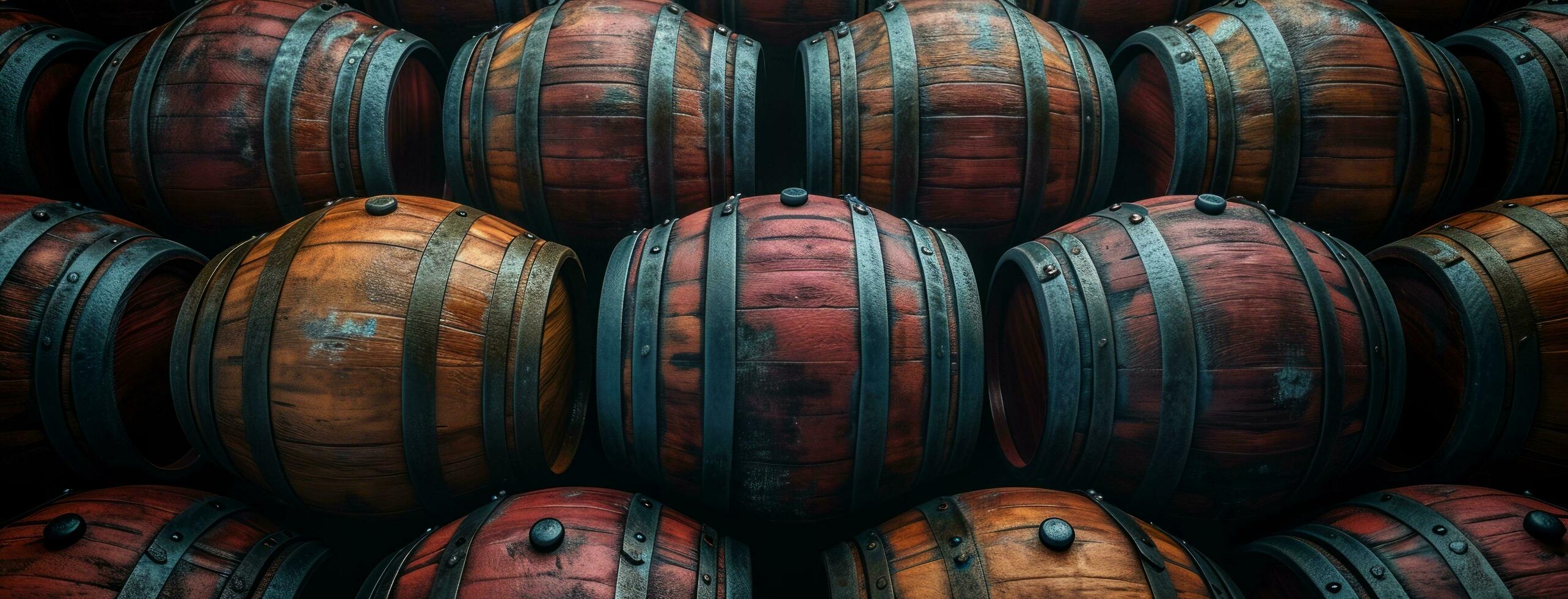 AI generated dark red wine barrels stacked together photo