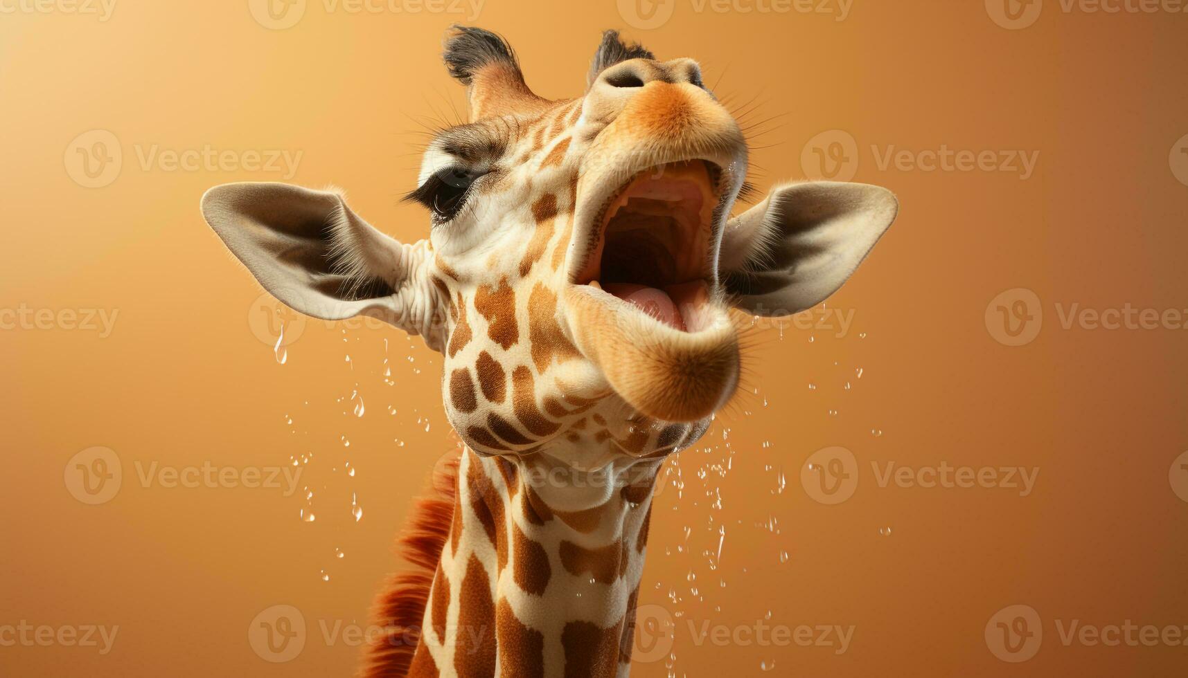 AI generated Cute giraffe looking at camera, wet fur, smiling in nature generated by AI photo