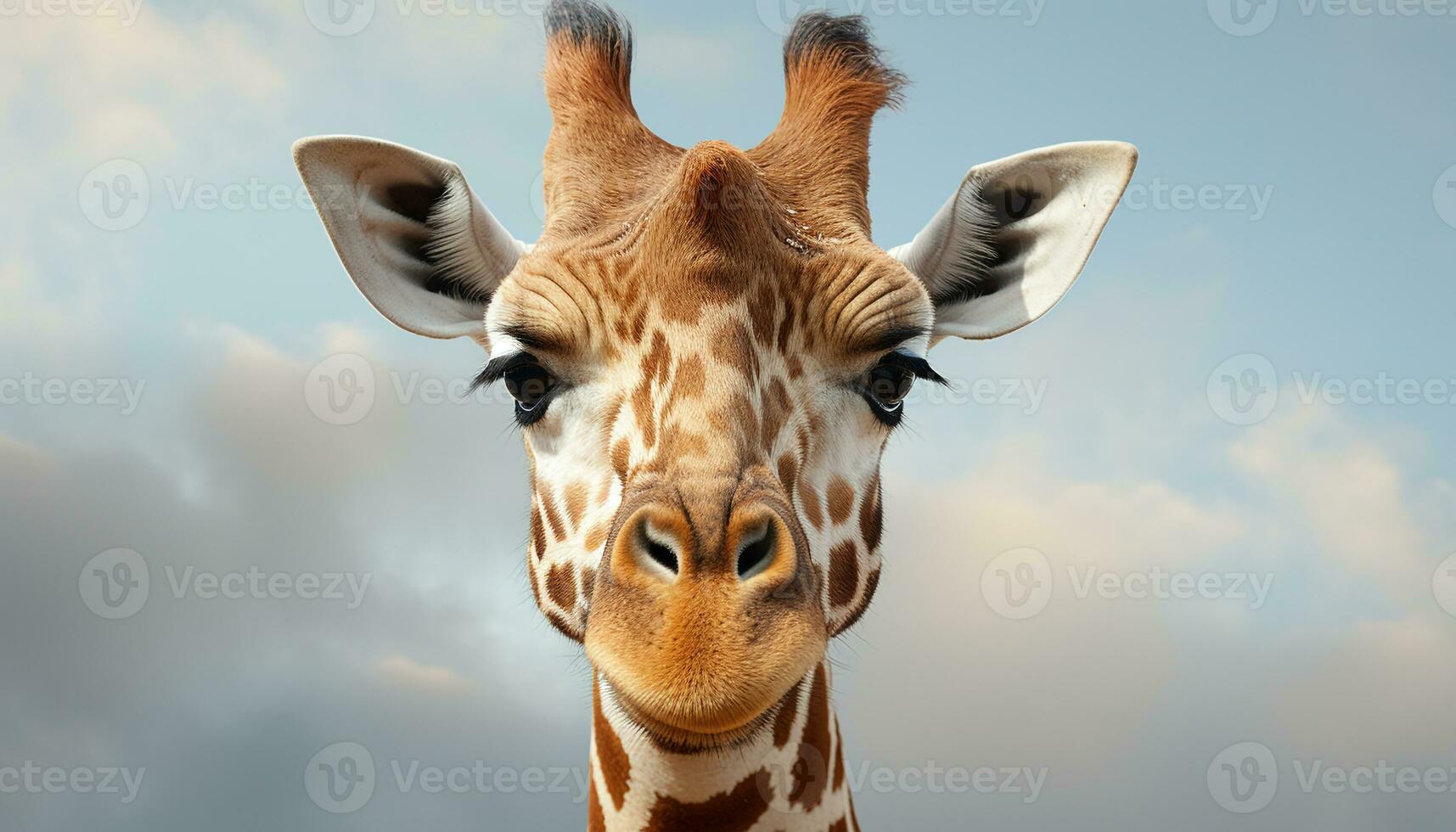 AI generated Giraffe standing in meadow, looking at camera, surrounded by beauty generated by AI photo