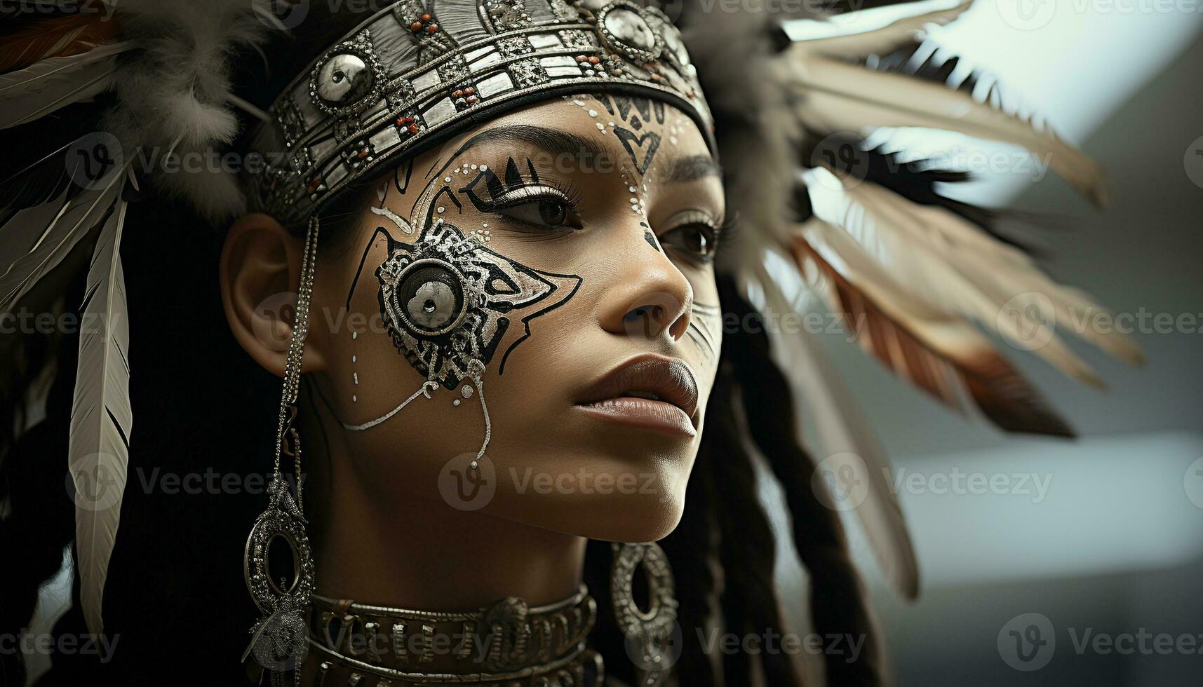 AI generated One beautiful woman, confident and adorned with jewelry and feathers generated by AI photo