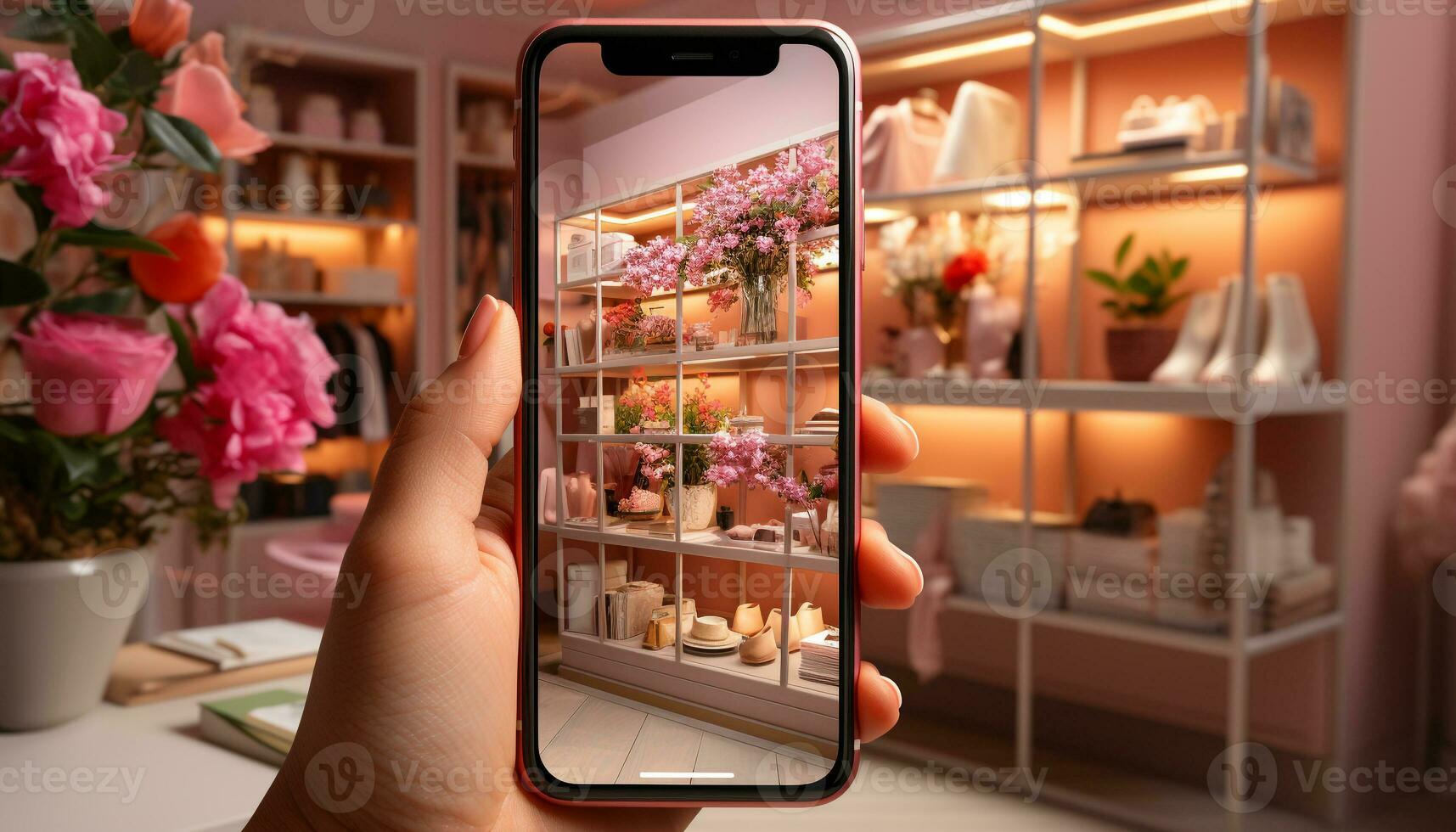 AI generated A woman hand holding a fresh flower in a store generated by AI photo