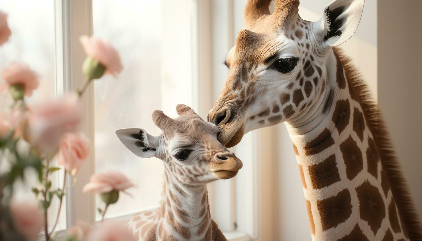 AI generated Cute giraffe family kissing, enjoying the beauty of nature generated by AI photo