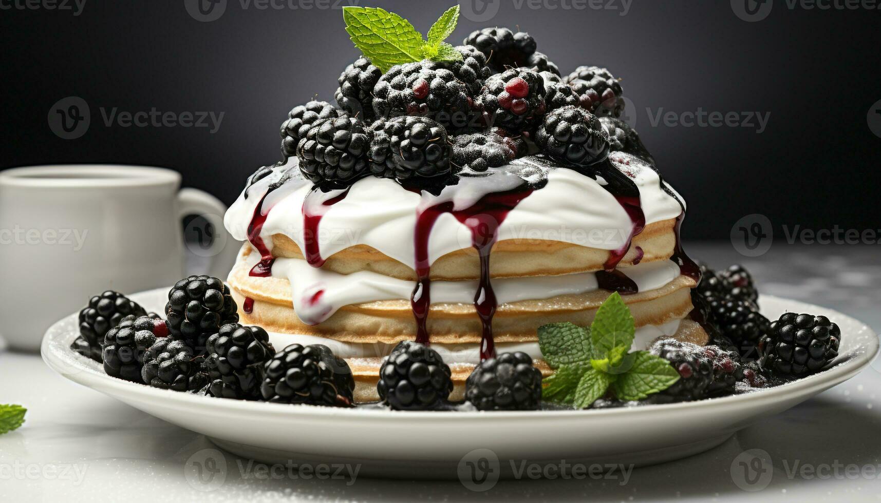 AI generated Homemade gourmet dessert berry pancake stack with chocolate sauce generated by AI photo